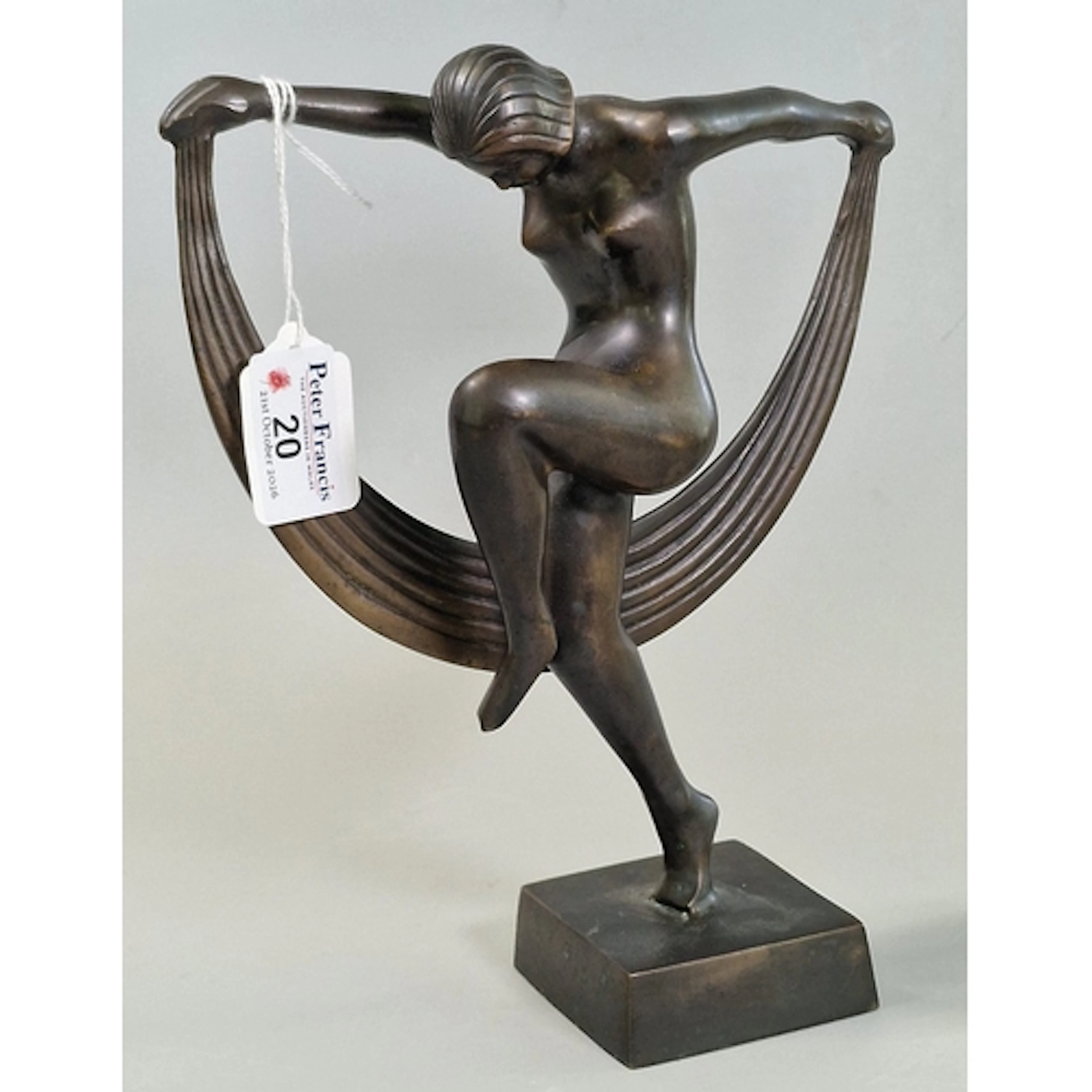 Art Deco style bronze nude dancing figure with sweeping scar...