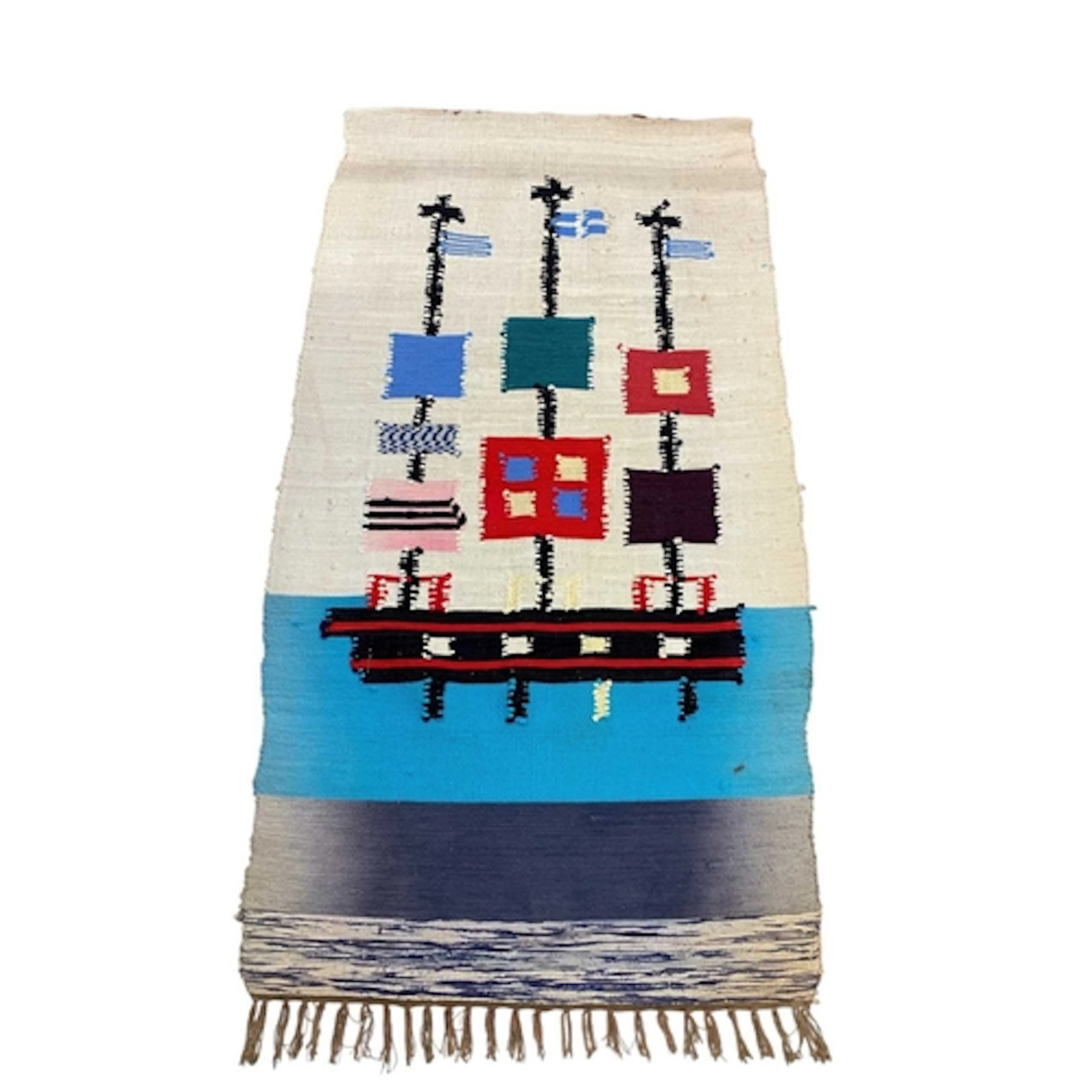 A mid century Scandinavian woven wall hanging. Or rug, depic...