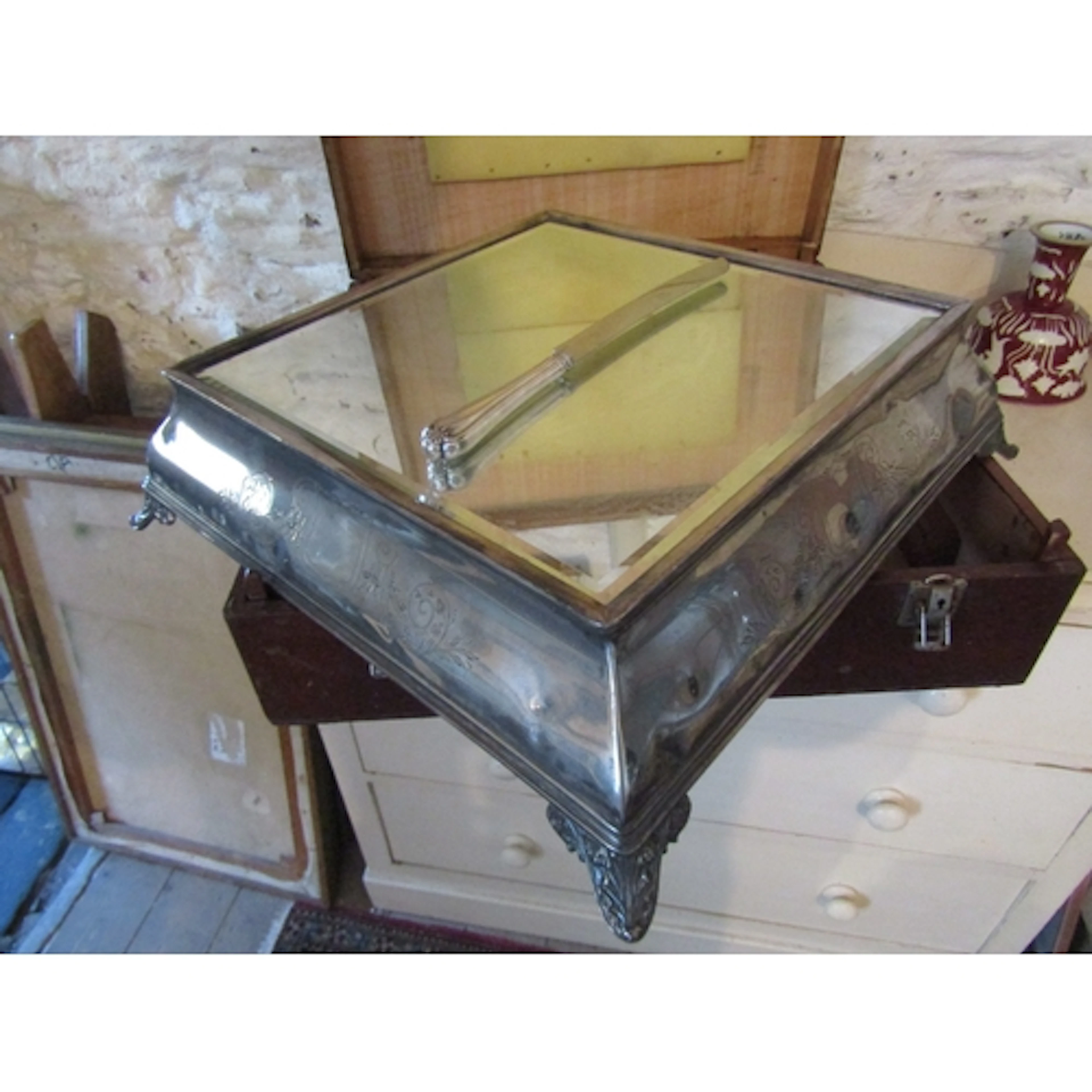 Antique Silver Plated Cake Stand with Mirror Inset Above Sha...