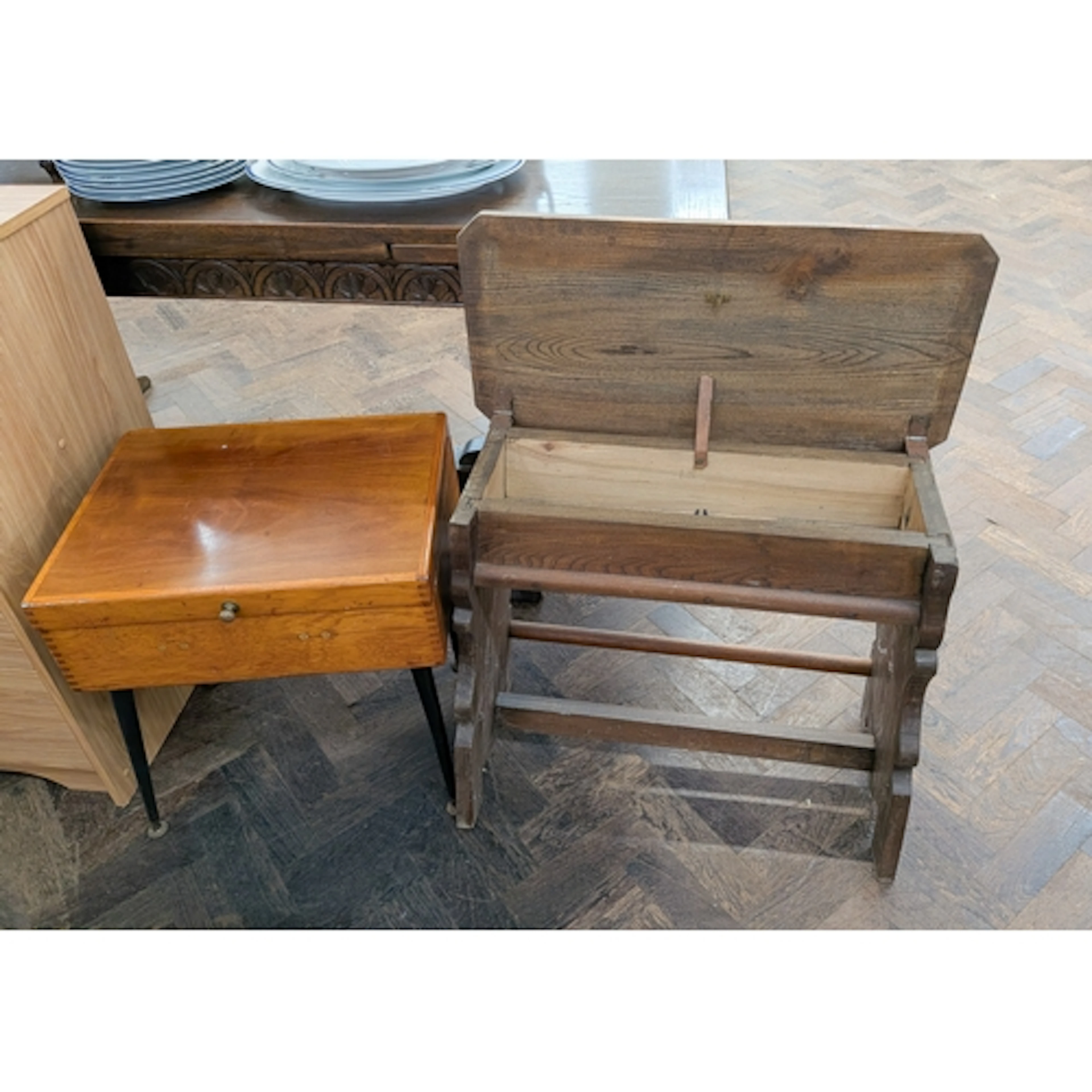 Mahogany work table and a music stool