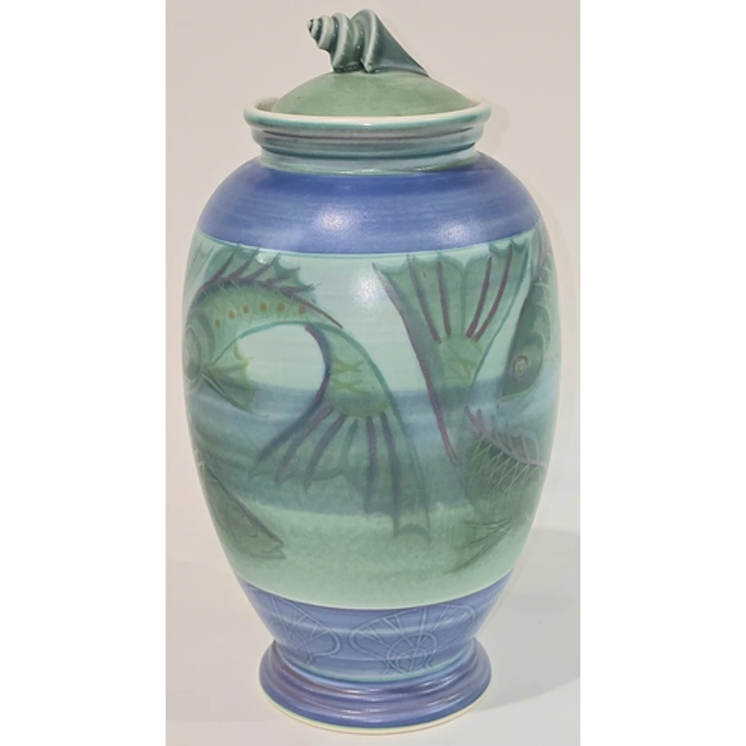 Poole Pottery Sally Tuffin Lidded Vase depicting fish decora...