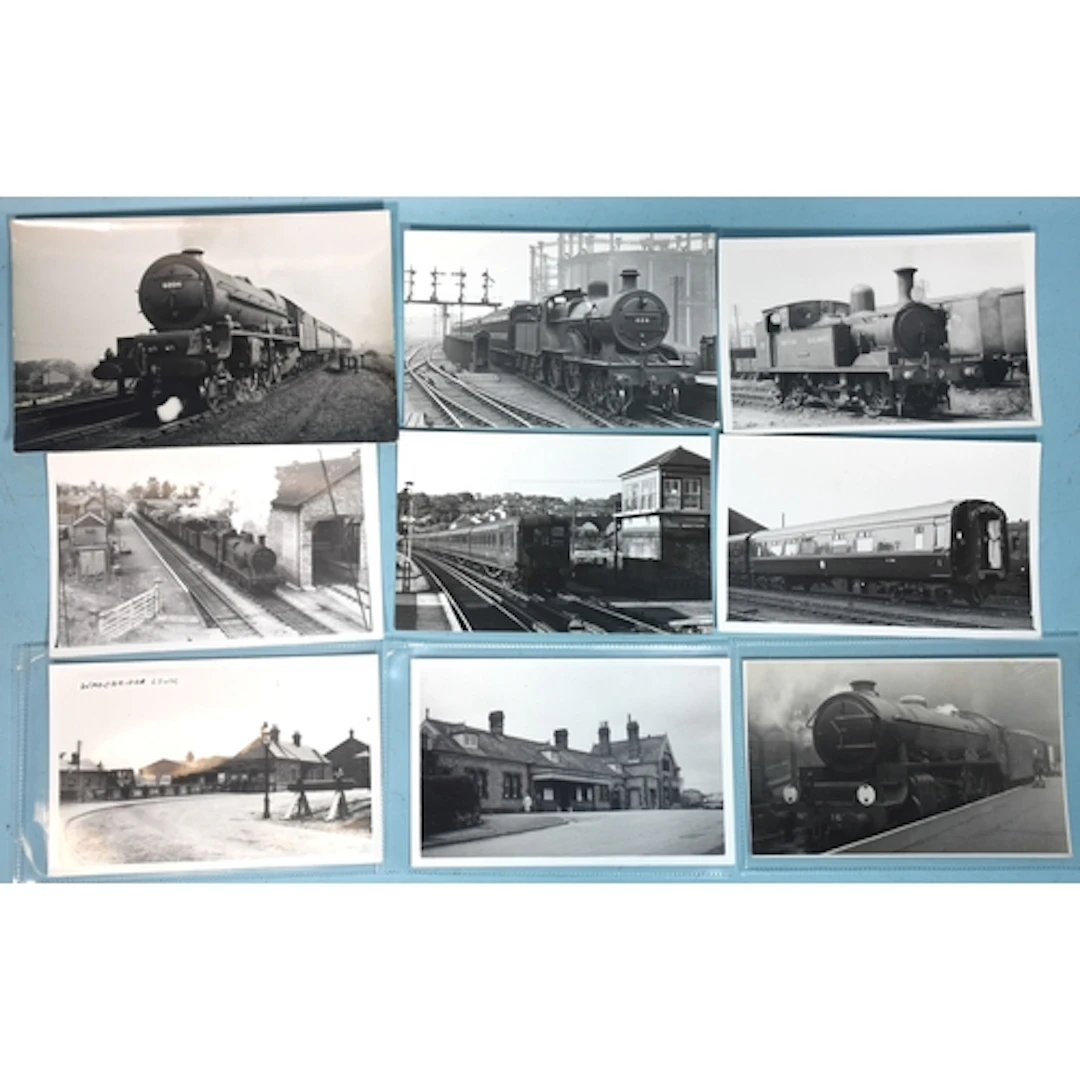 Approximately 300 postcard-sized photographs of trains, main...