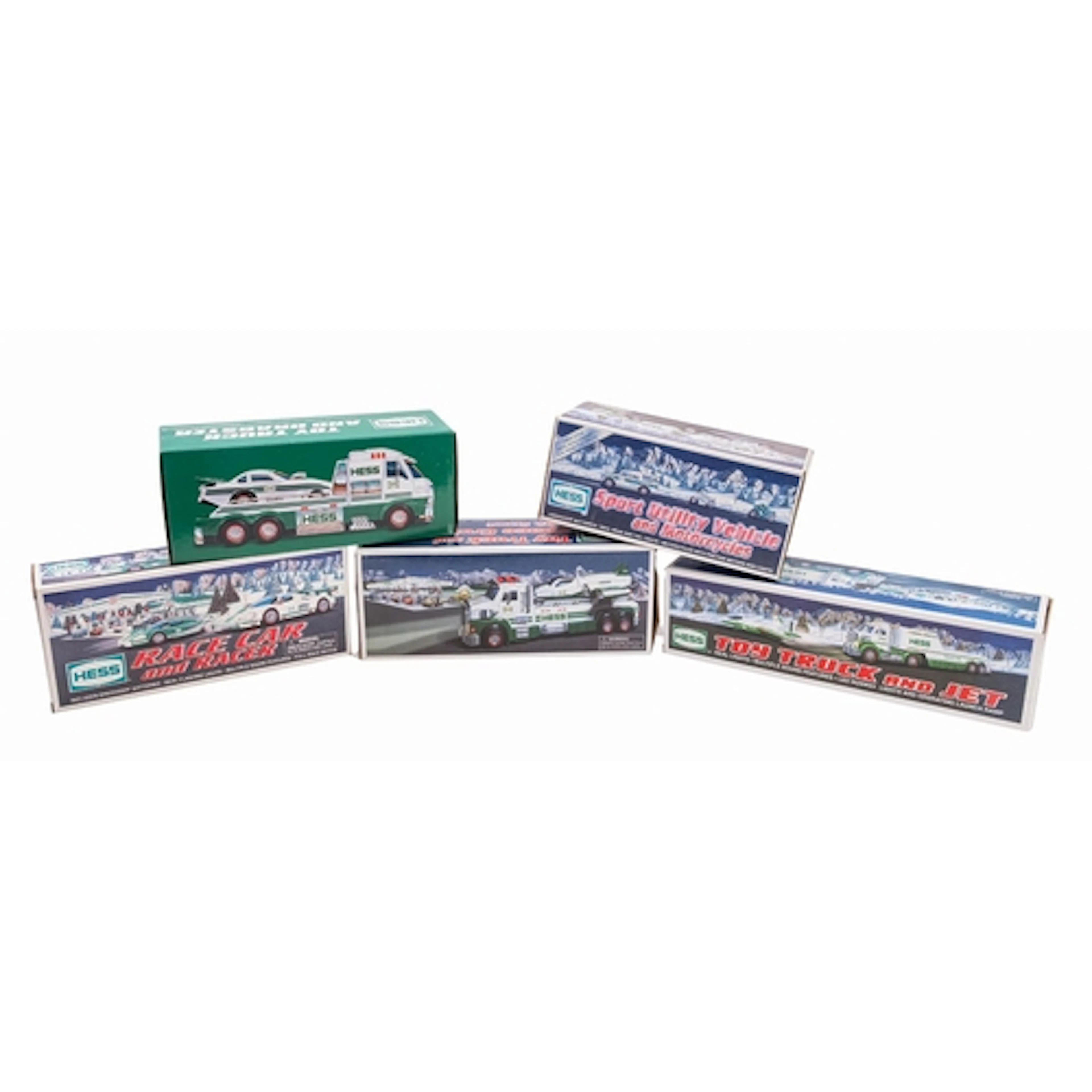 Five Hess diecast vehicle sets. Including race car and racer...
