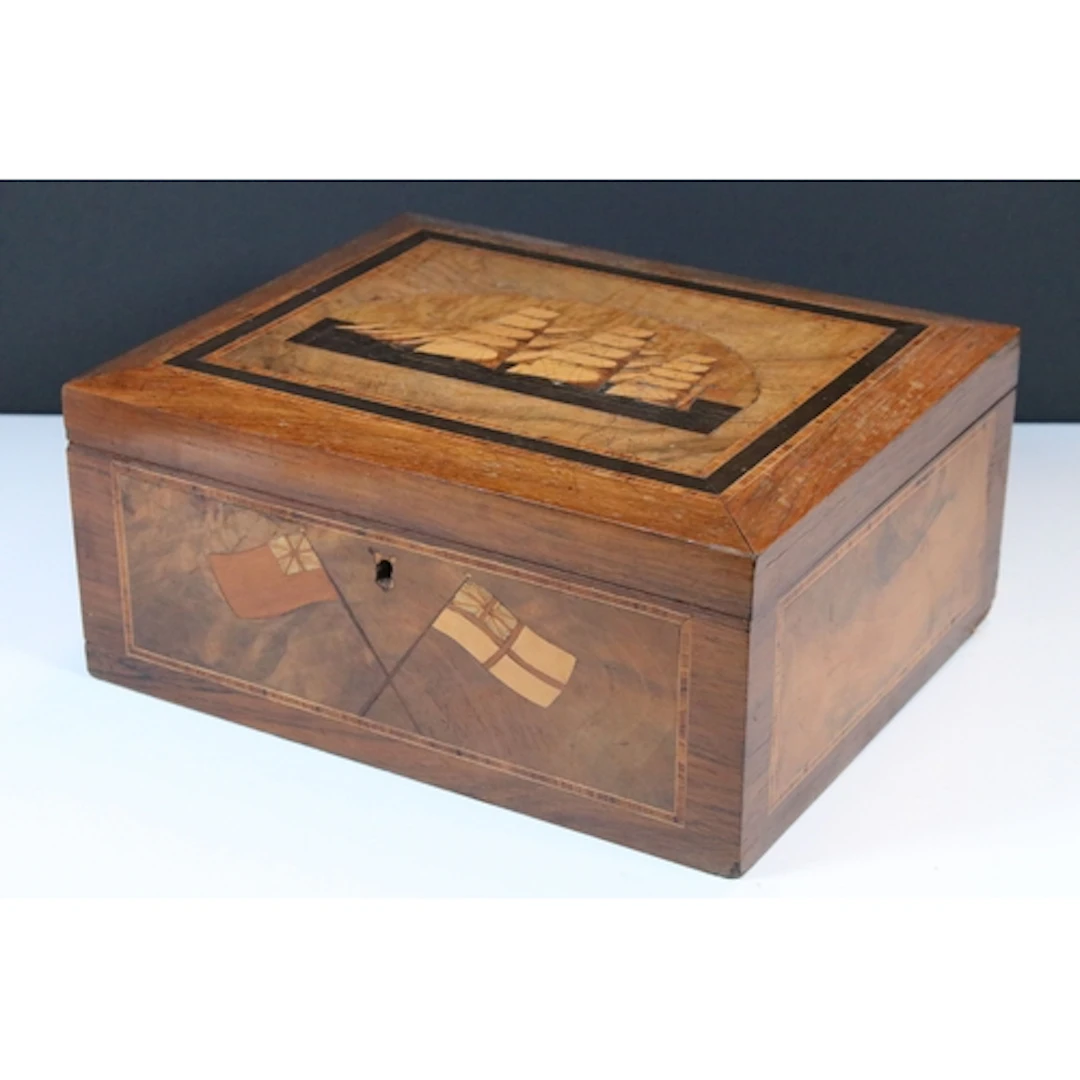 Victorian Trinity House sewing box, lid having marquetry inl...
