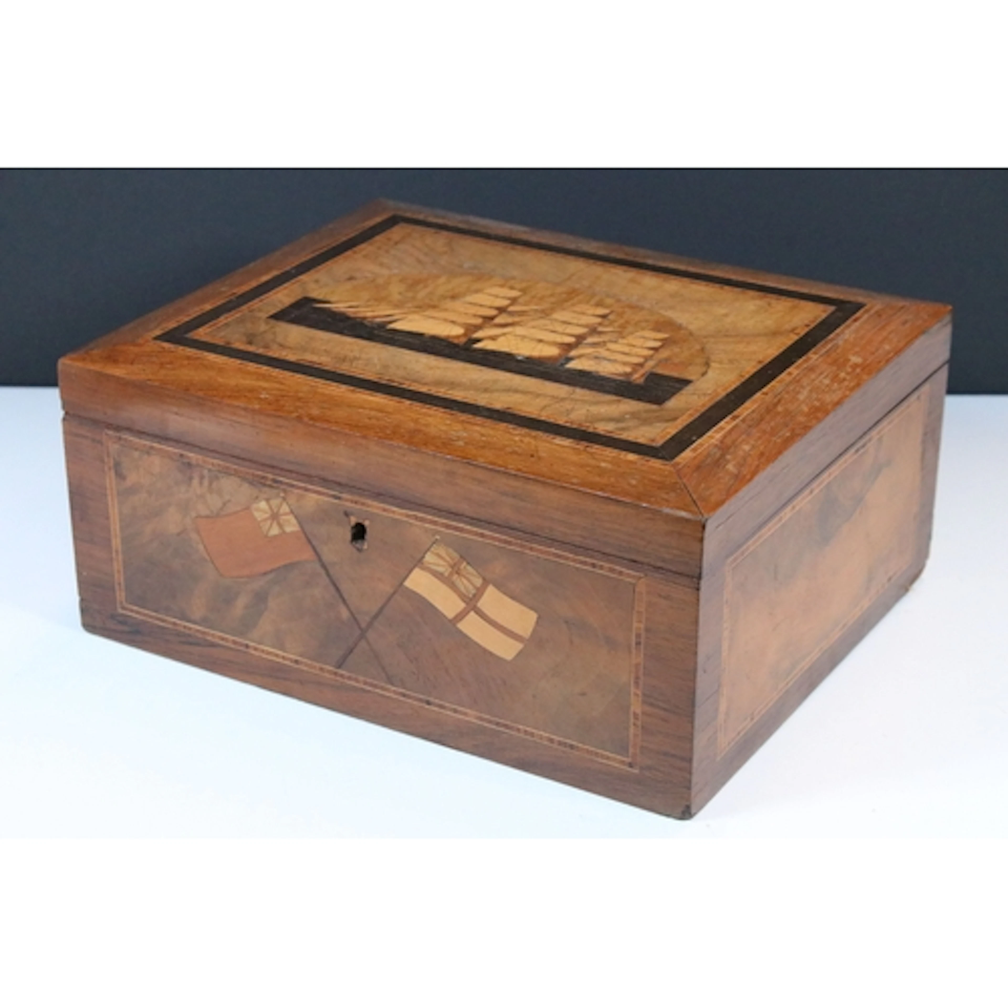 Victorian Trinity House sewing box, lid having marquetry inl...