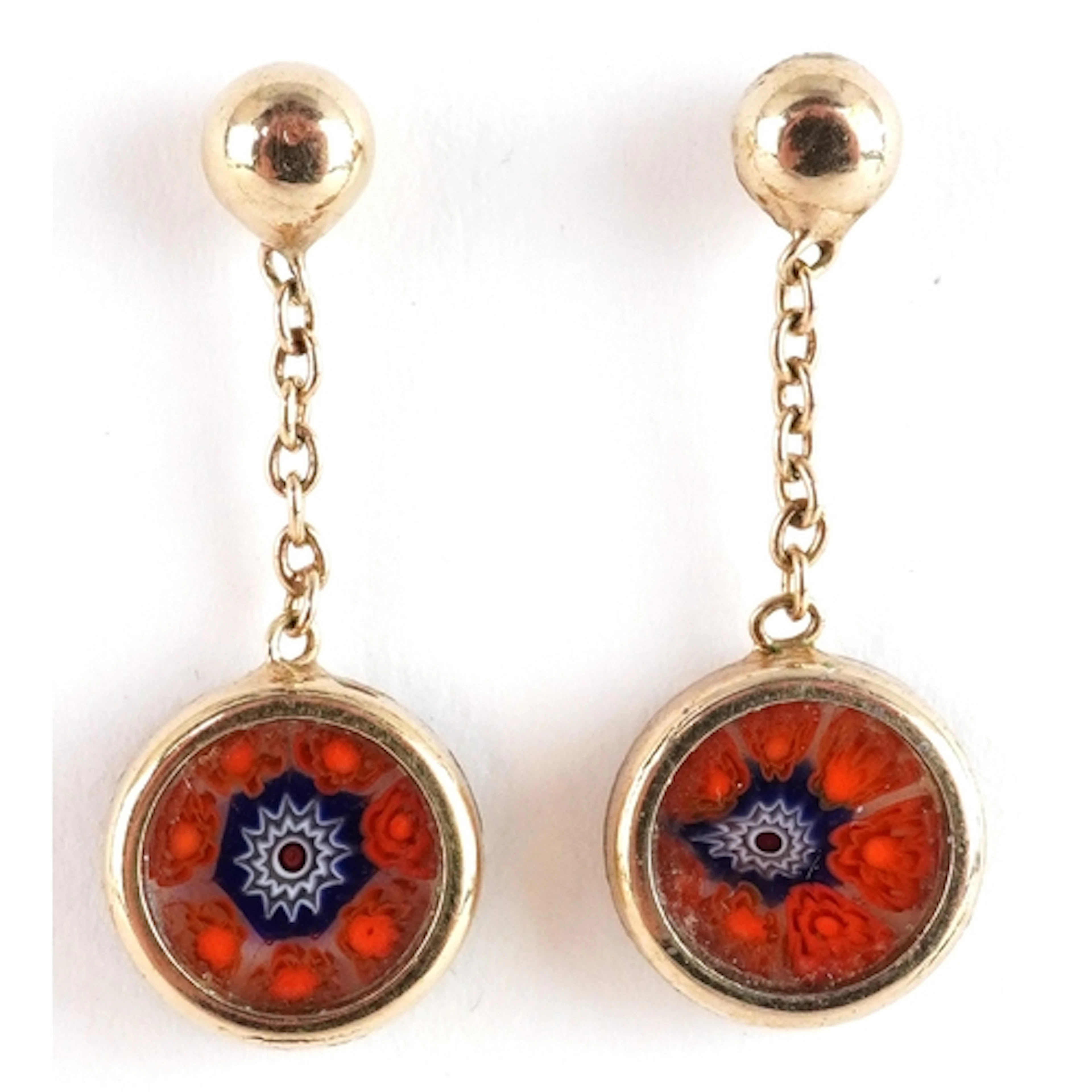 Pair of yellow metal millefiori glass drop earrings, 2.2cm h...