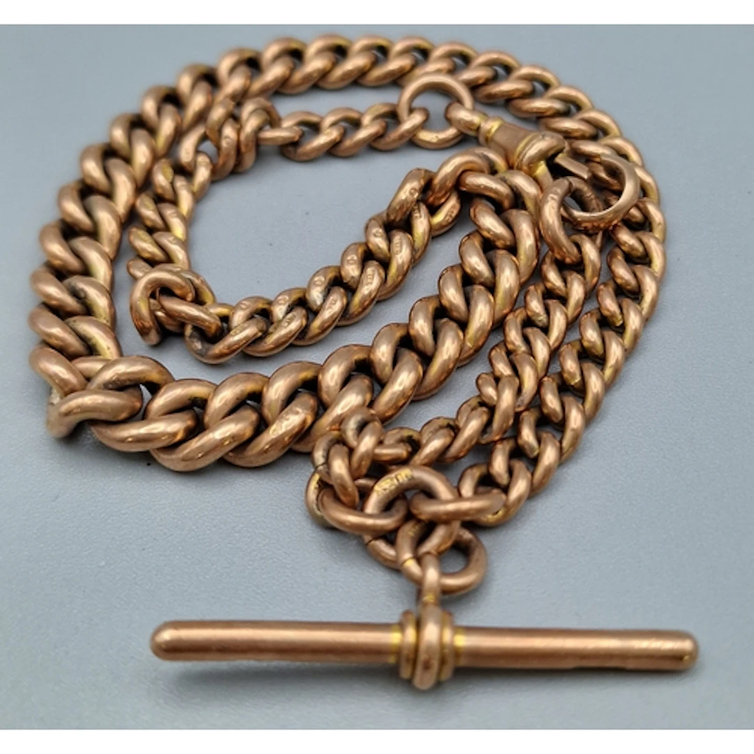 Edwardian 9ct rose gold 'T' bar pocket watch chain. 45.8g ap...