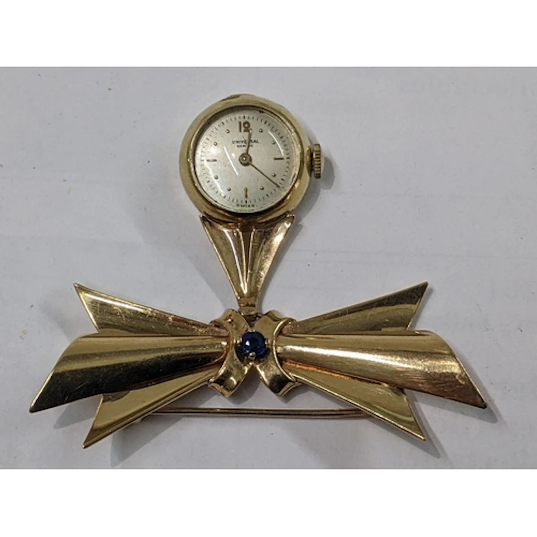 A mid 20th century 14ct gold Universal ladies brooch/watch, ...