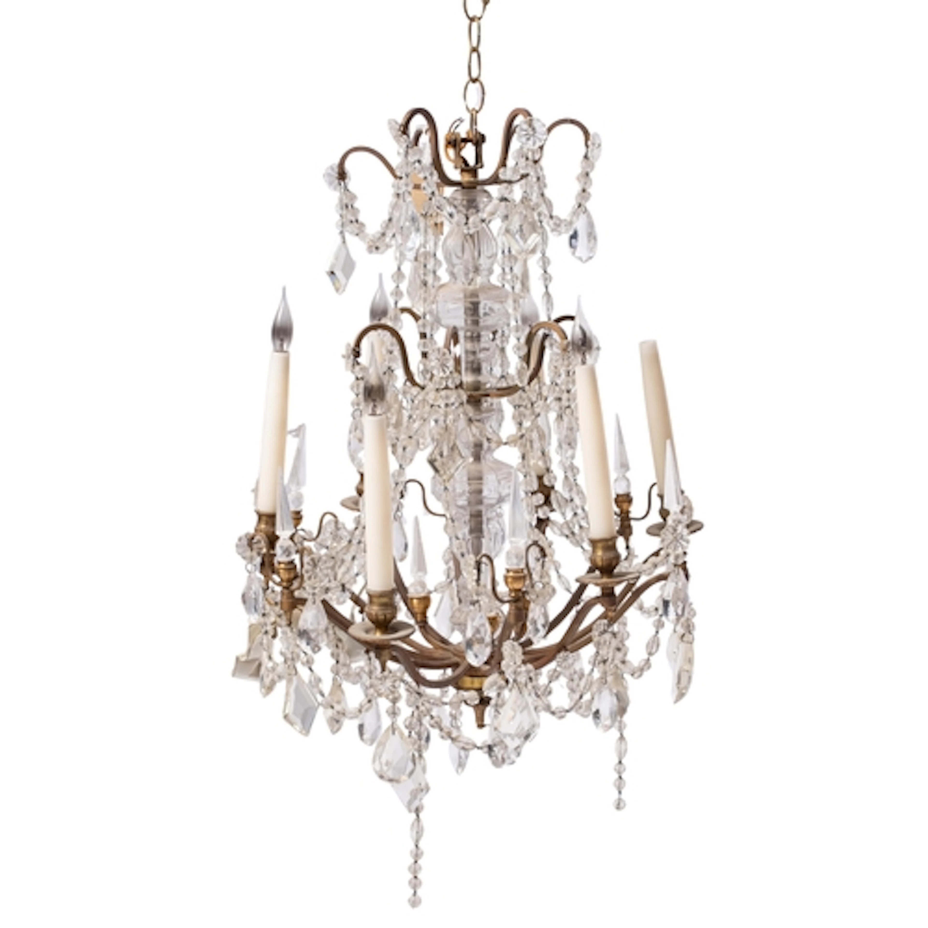 A gilt metal and glass six-light chandelier in Louis XV tast...