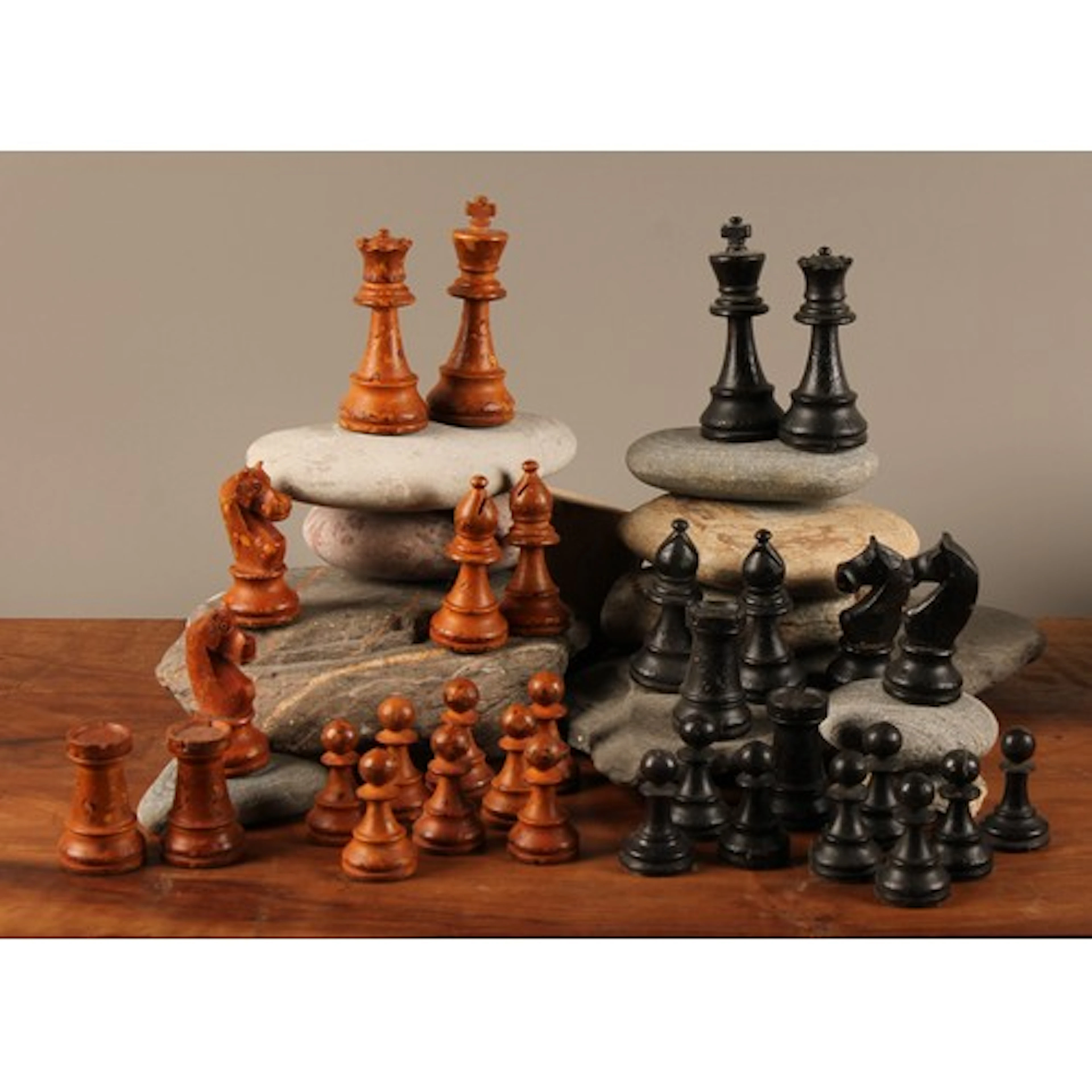 A boxwood and ebonised Staunton pattern chess set, the kings...
