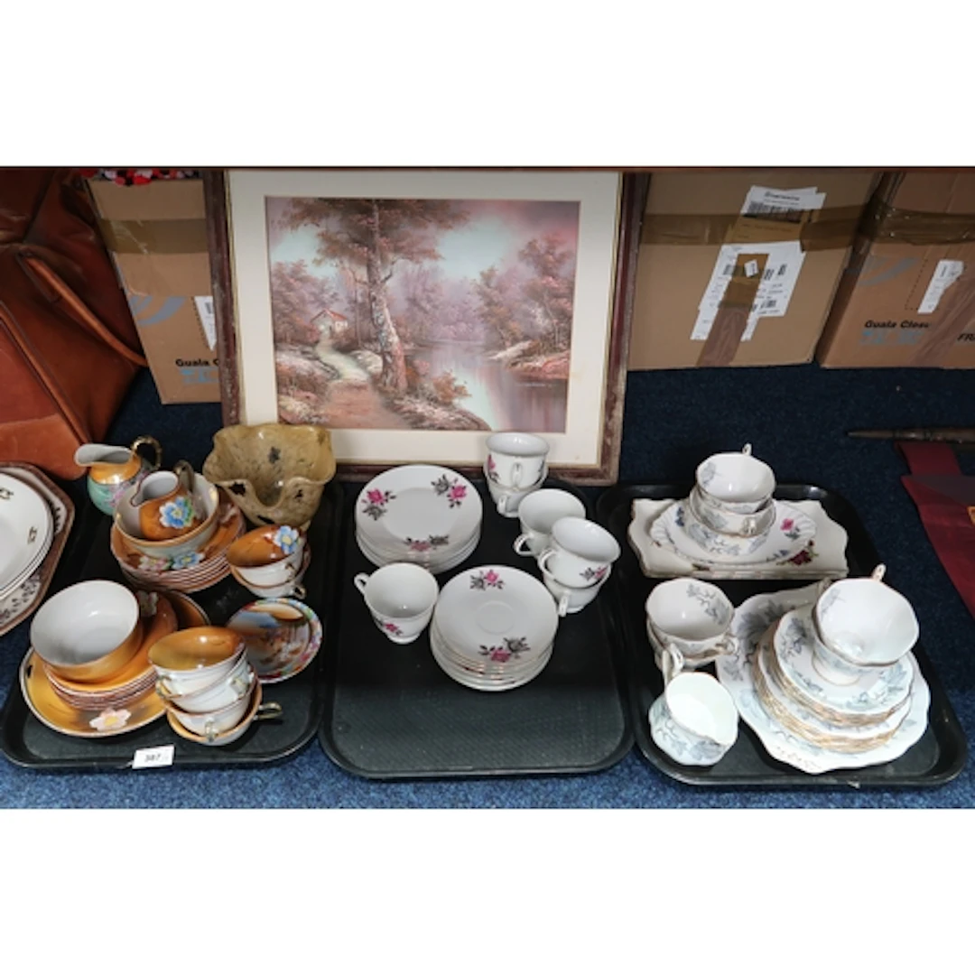 Assorted tea wares, a glass vase and a continental painting