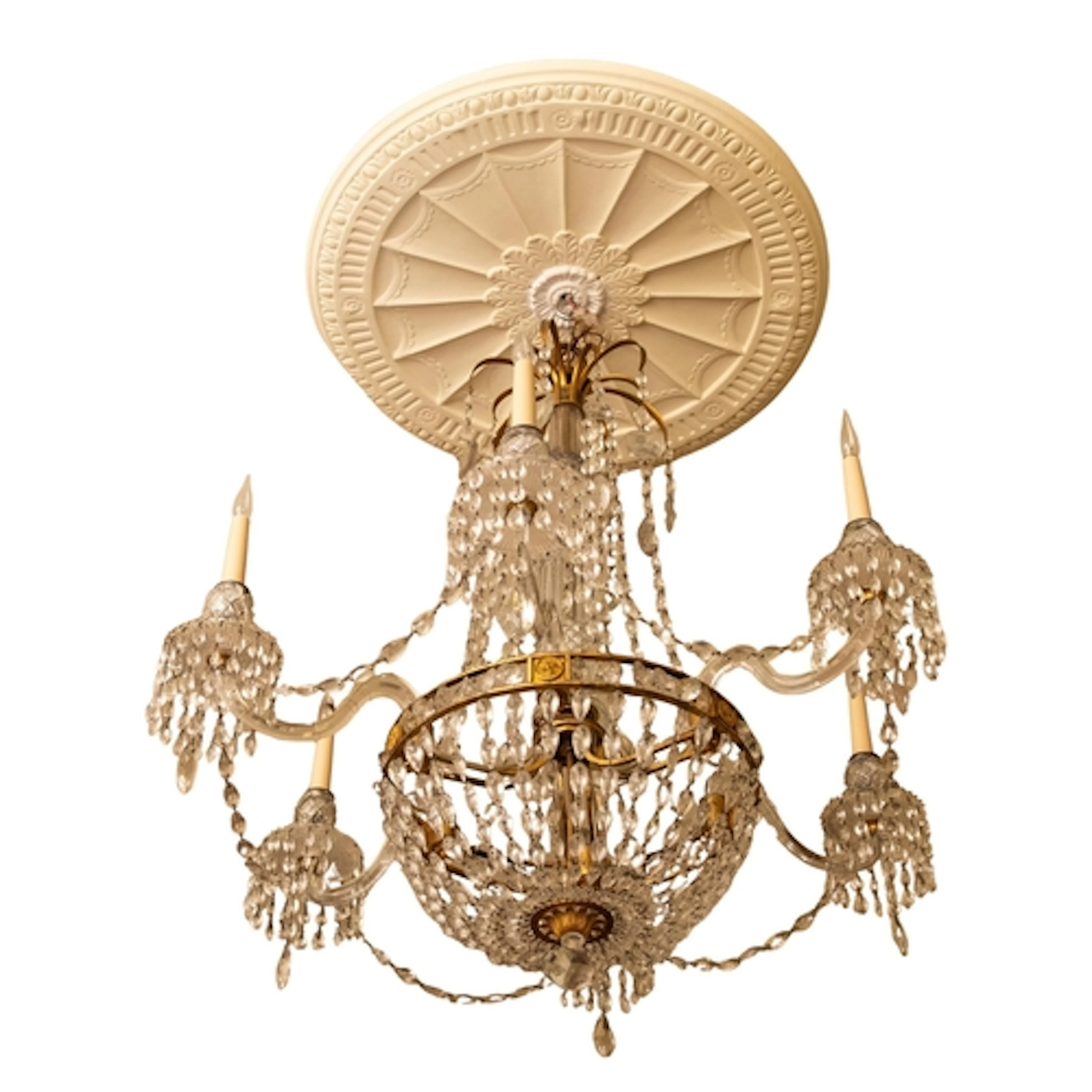 A Regency ormolu and cut glass hung six light chandelier, ea...