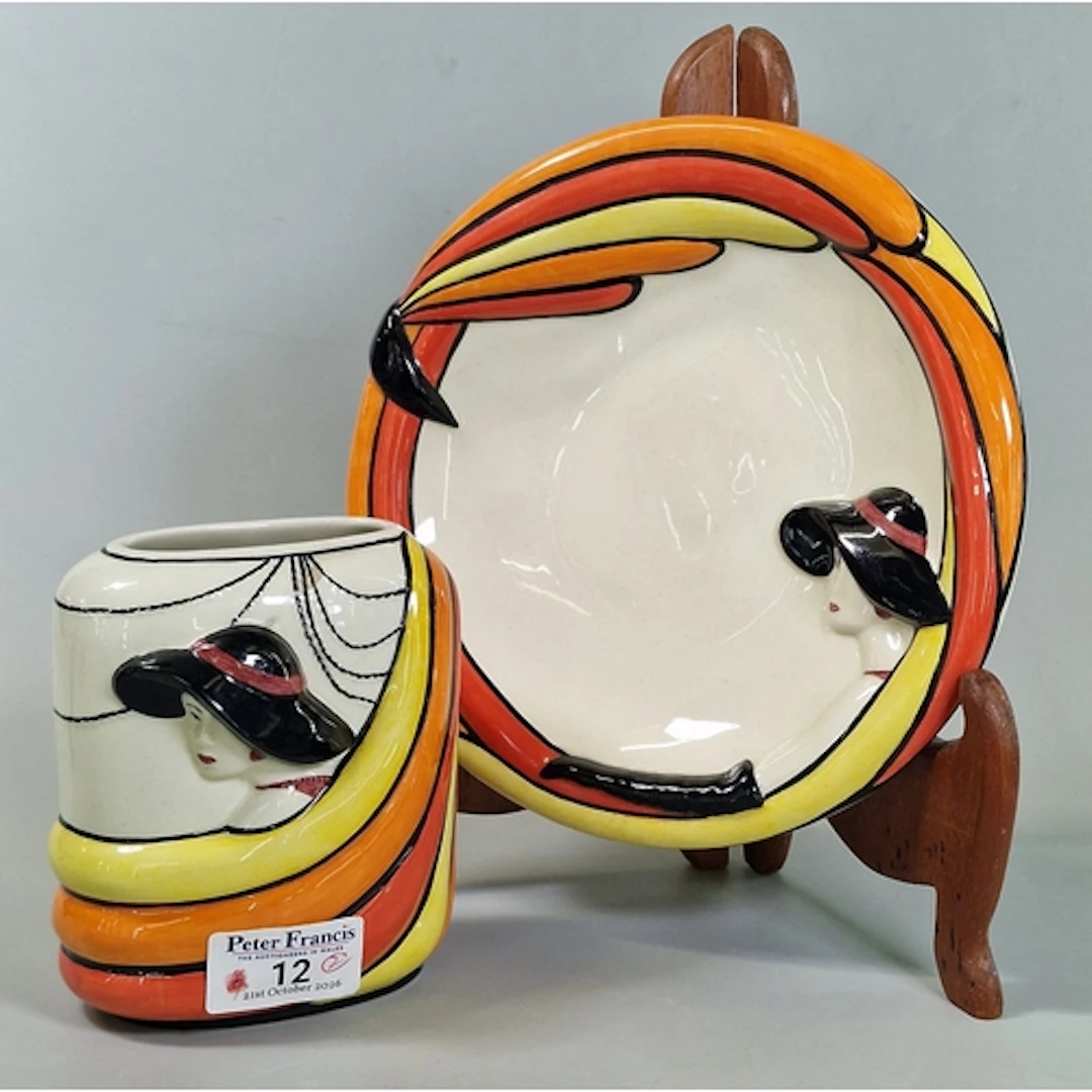 Lorna Bailey, 'Art Deco Lady' pattern matching vase and dish...