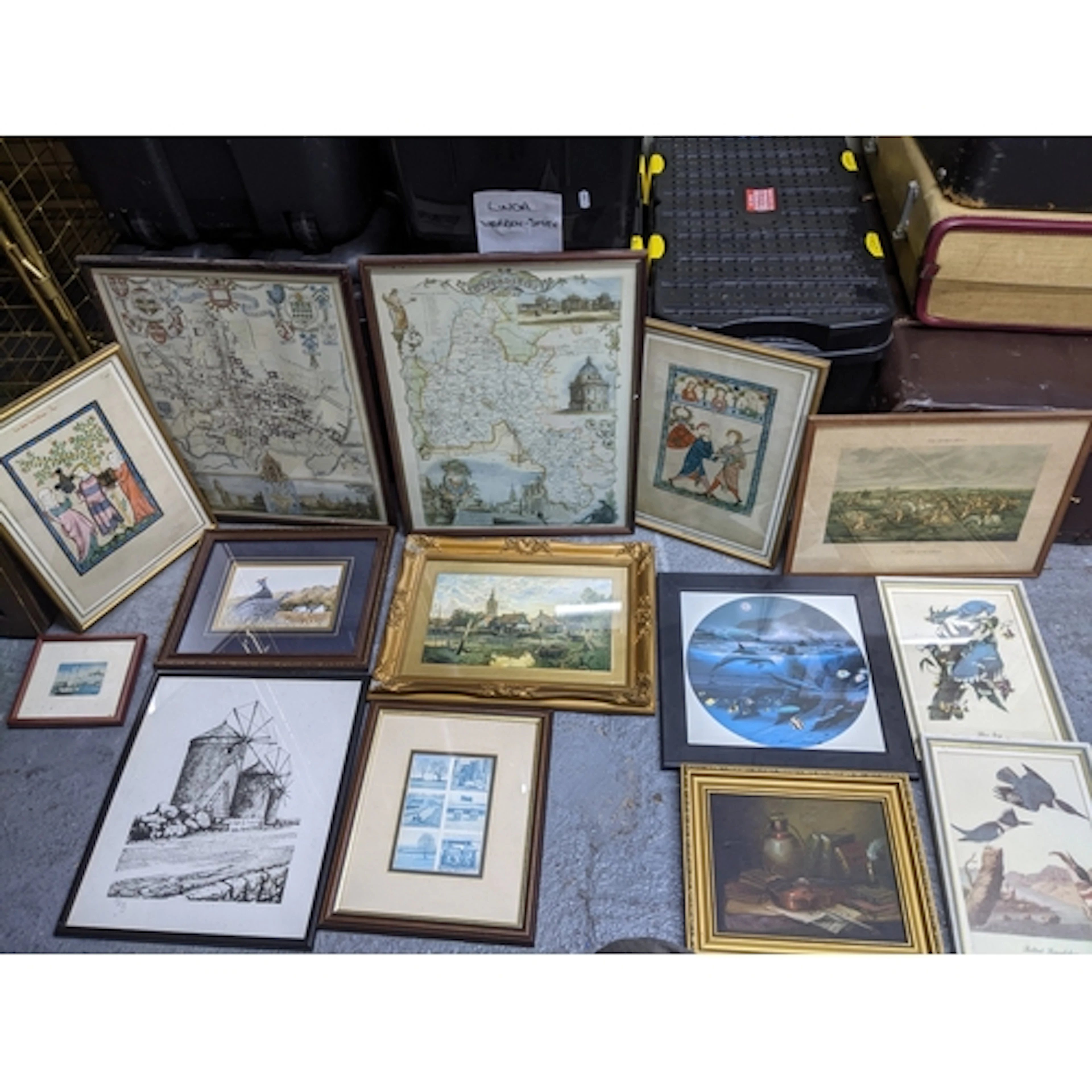A mixed lot of prints, maps, and an oil painting in the Ital...