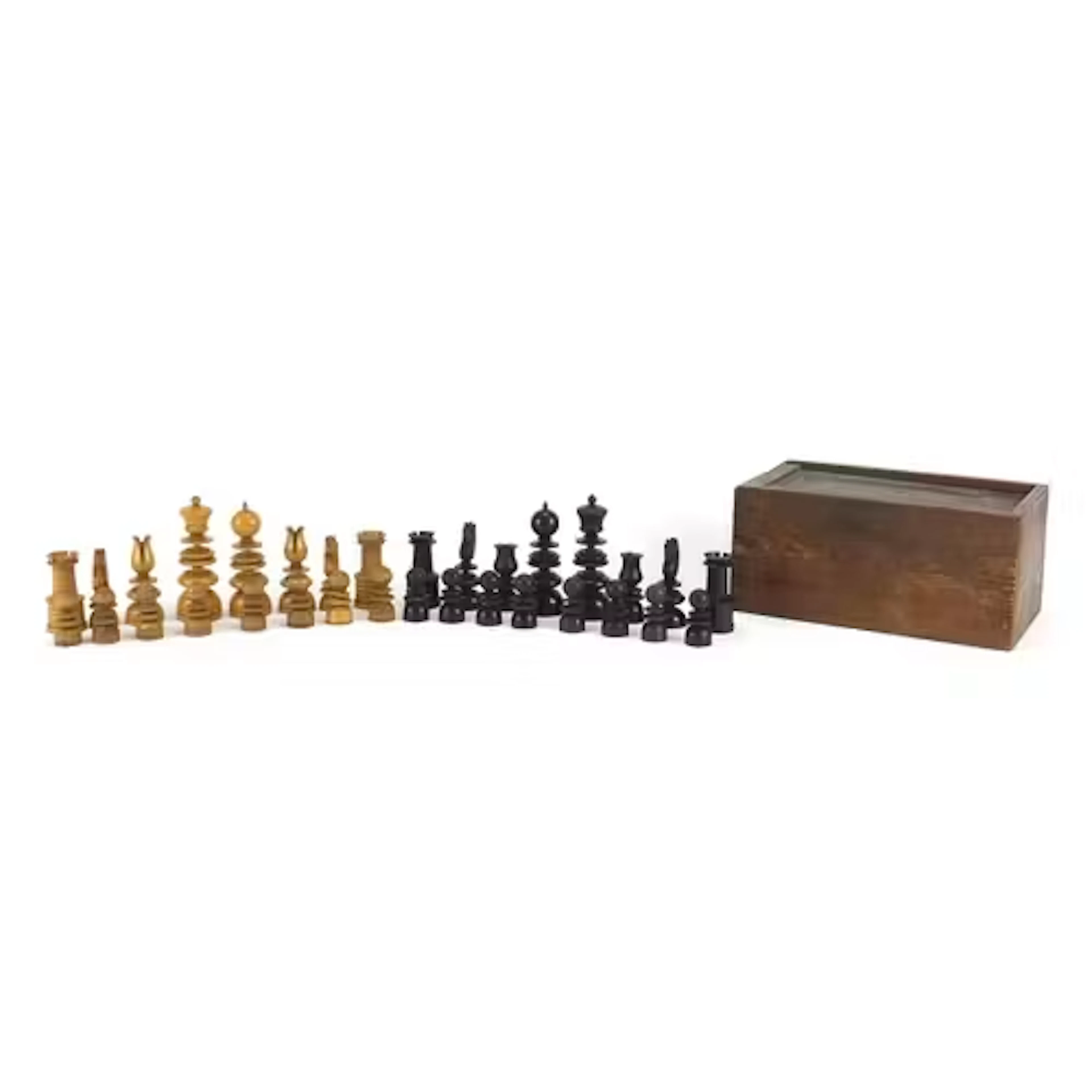19th century box wood and ebony carved chess set, housed in ...