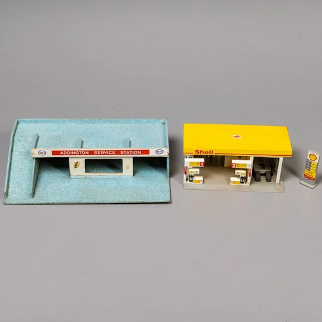 Two toy garages one wooden, Esso the Addington Service Stati...