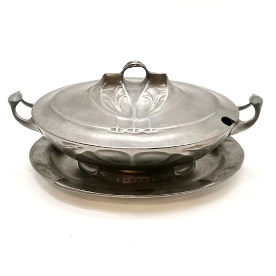 Kayserzinn Art Nouveau pewter taureen and stand 25.5cm x 18c...