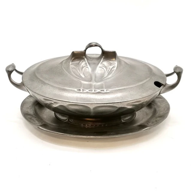 Kayserzinn Art Nouveau pewter taureen and stand 25.5cm x 18c...