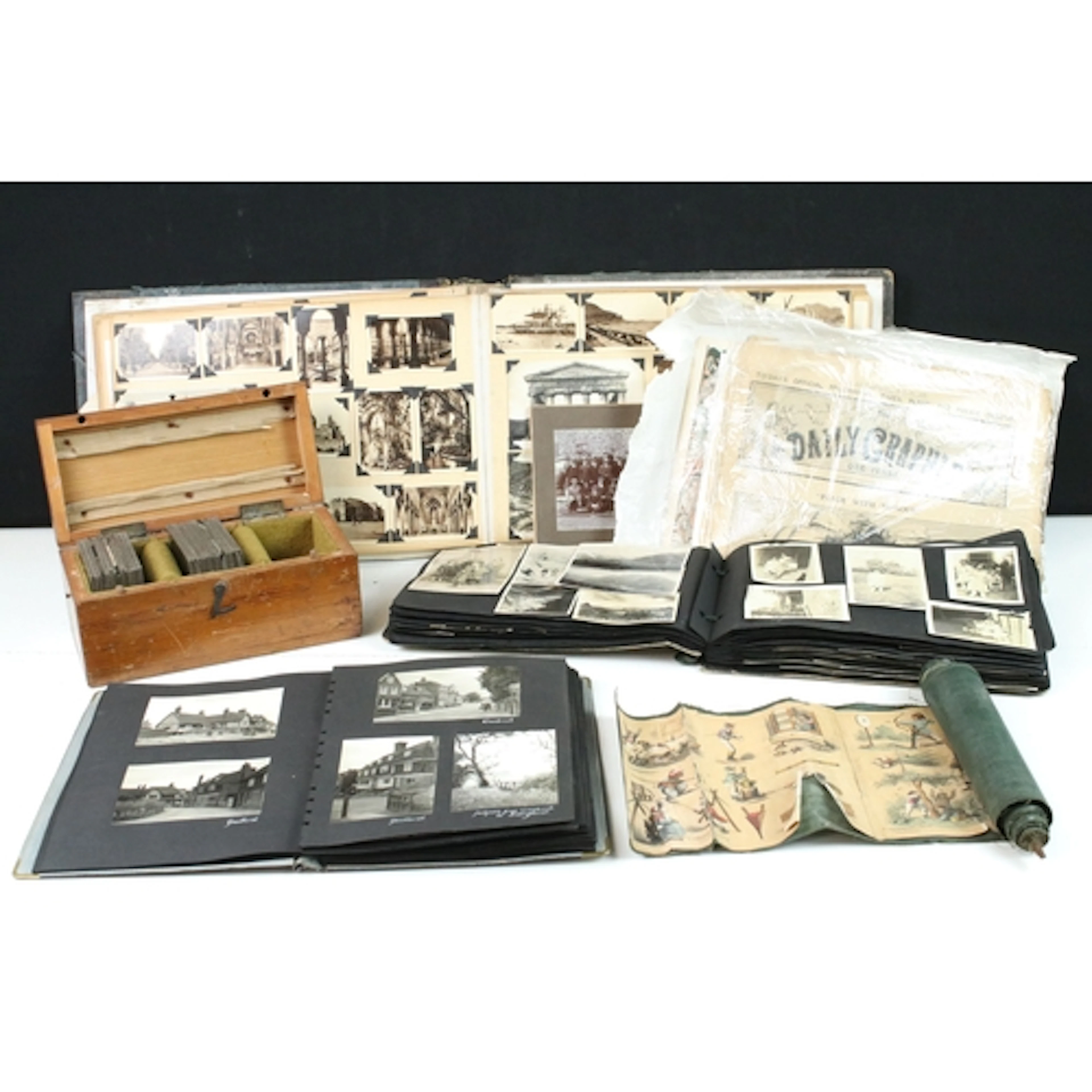 Collection of photo albums together with box of Magic Lanter...