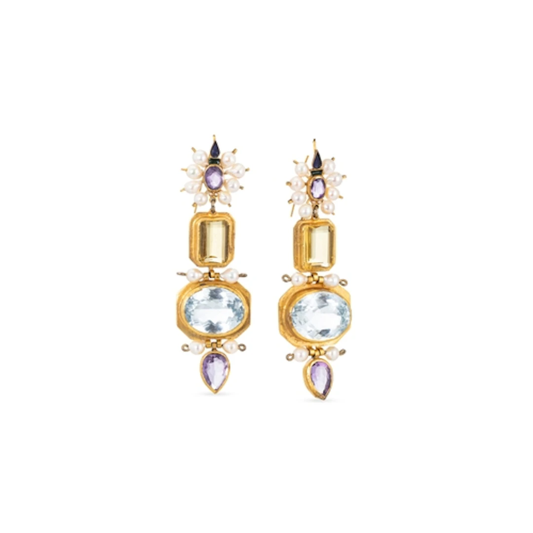 A PAIR OF TOPAZ, CITRINE, AMETHYST AND PEARL DROP EARRINGS, ...