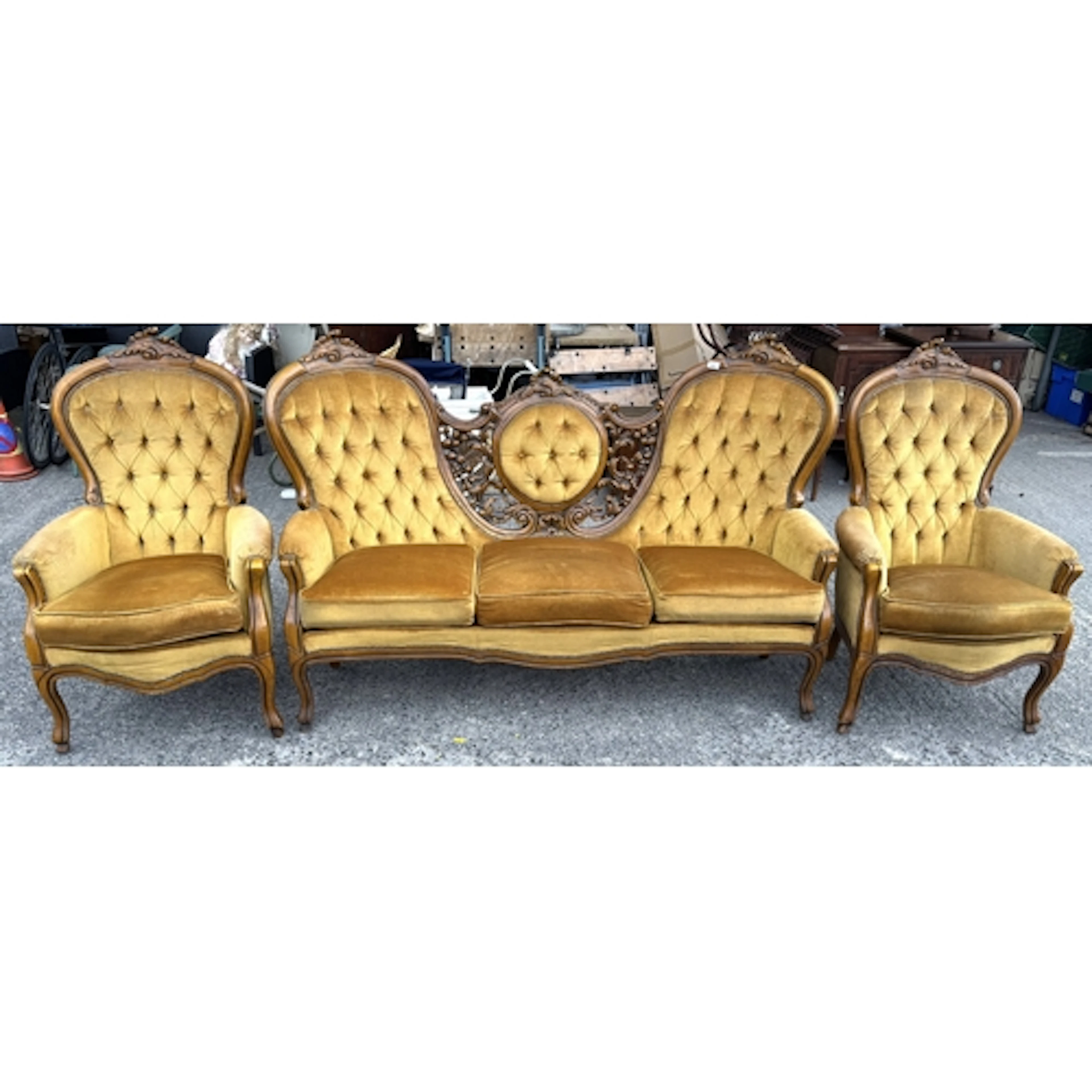 A Rococo style button back 3 piece suite, settee featuring c...