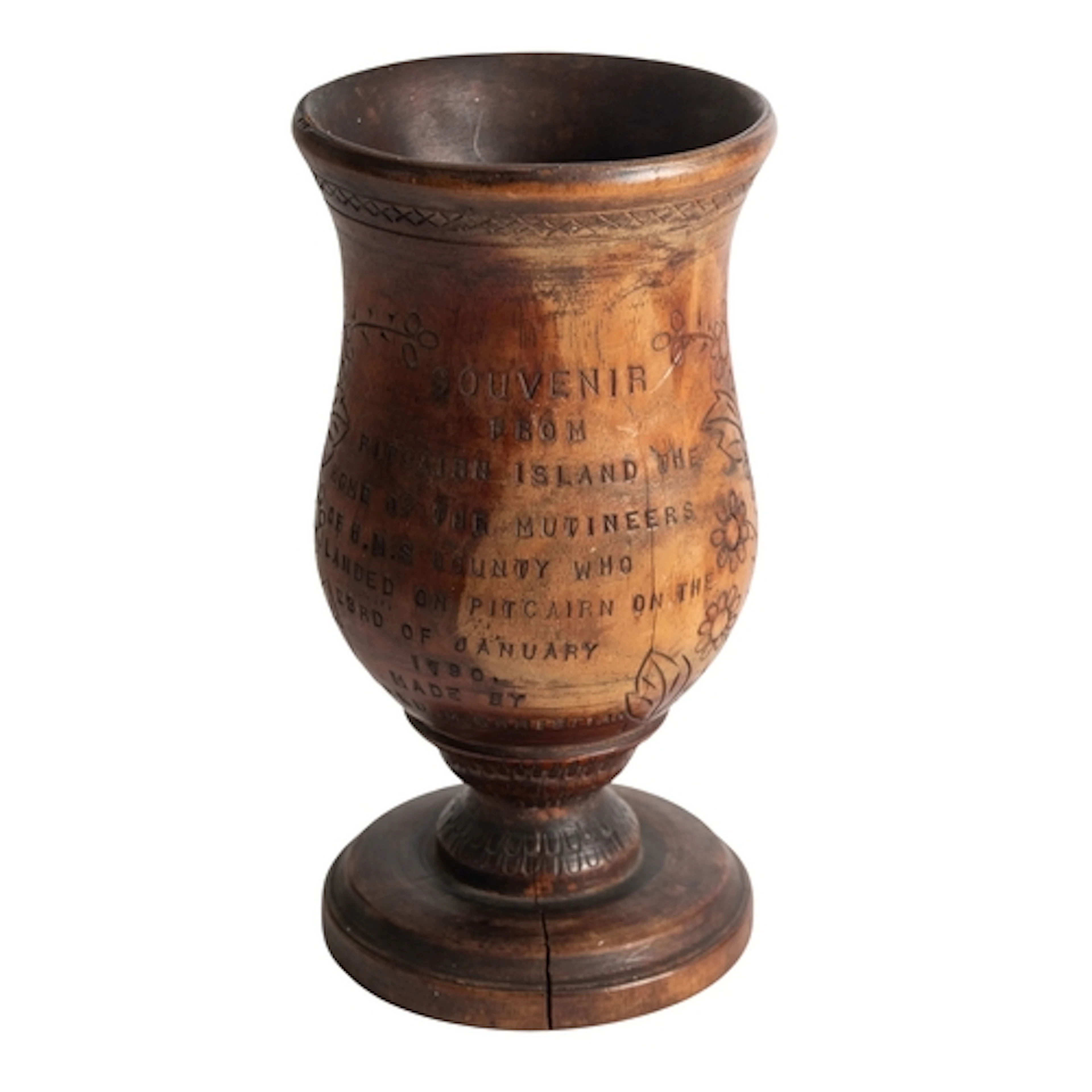 A late 19th/early 20th century Pitcairn Island wooden vase,...