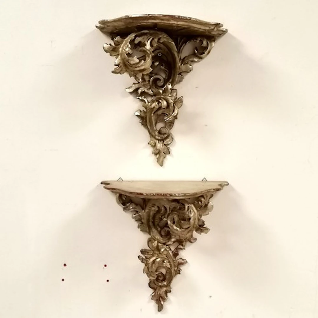 Antique pair of silvered giltwood wall brackets - 33cm drop ...