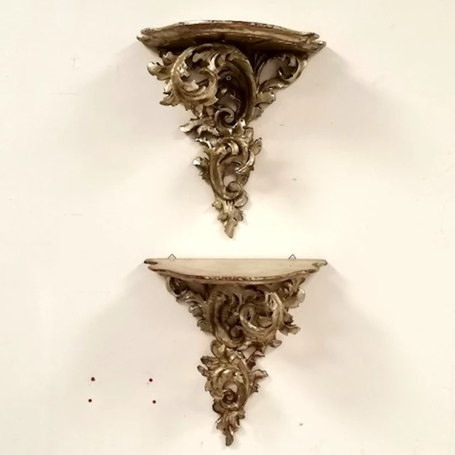 Antique pair of silvered giltwood wall brackets - 33cm drop ...