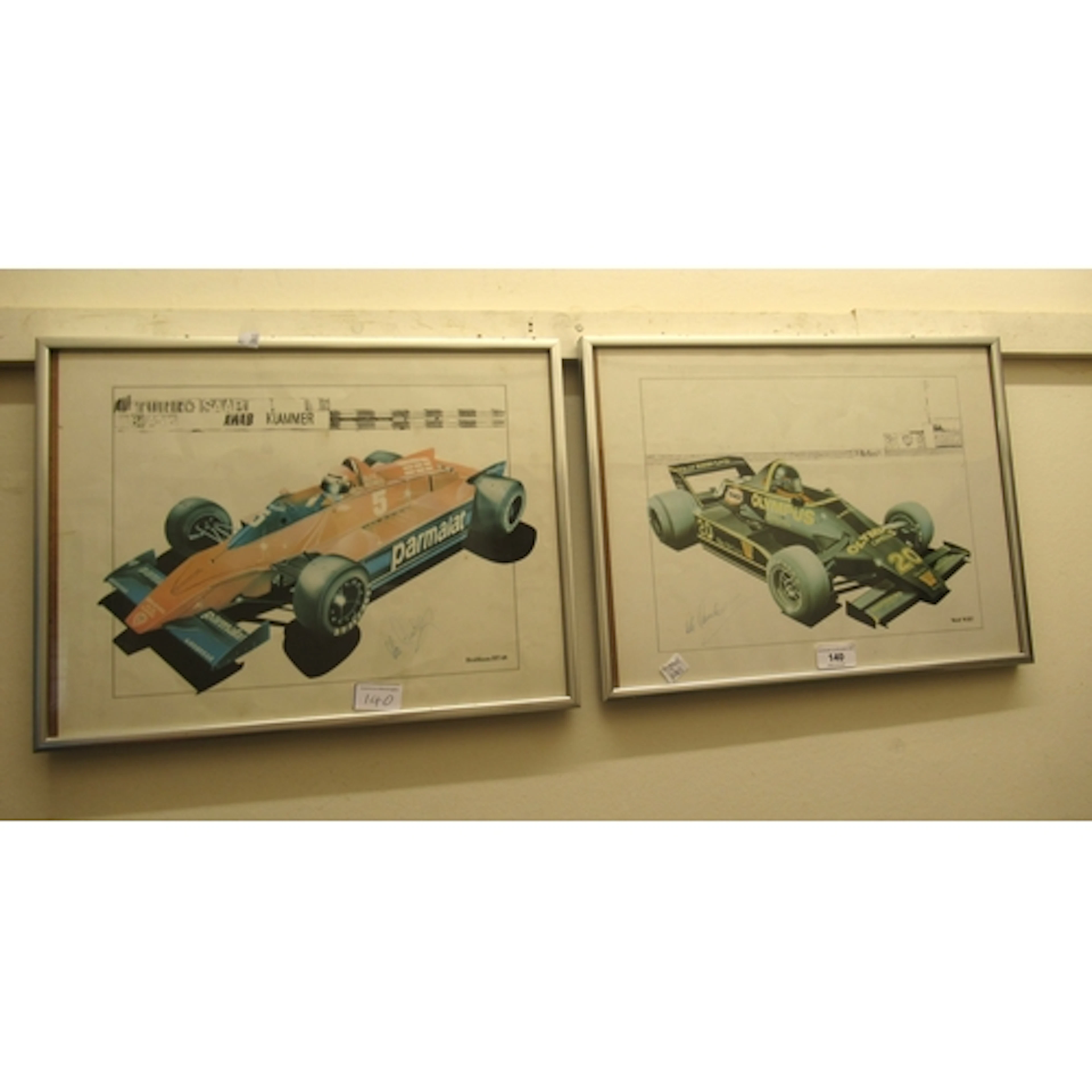 Two coloured prints, Brabham and Wolf Grand Prix racing cars...