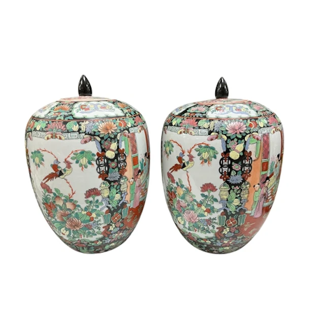 A pair of Chinese famille rose porcelain ovoid jars and cove...