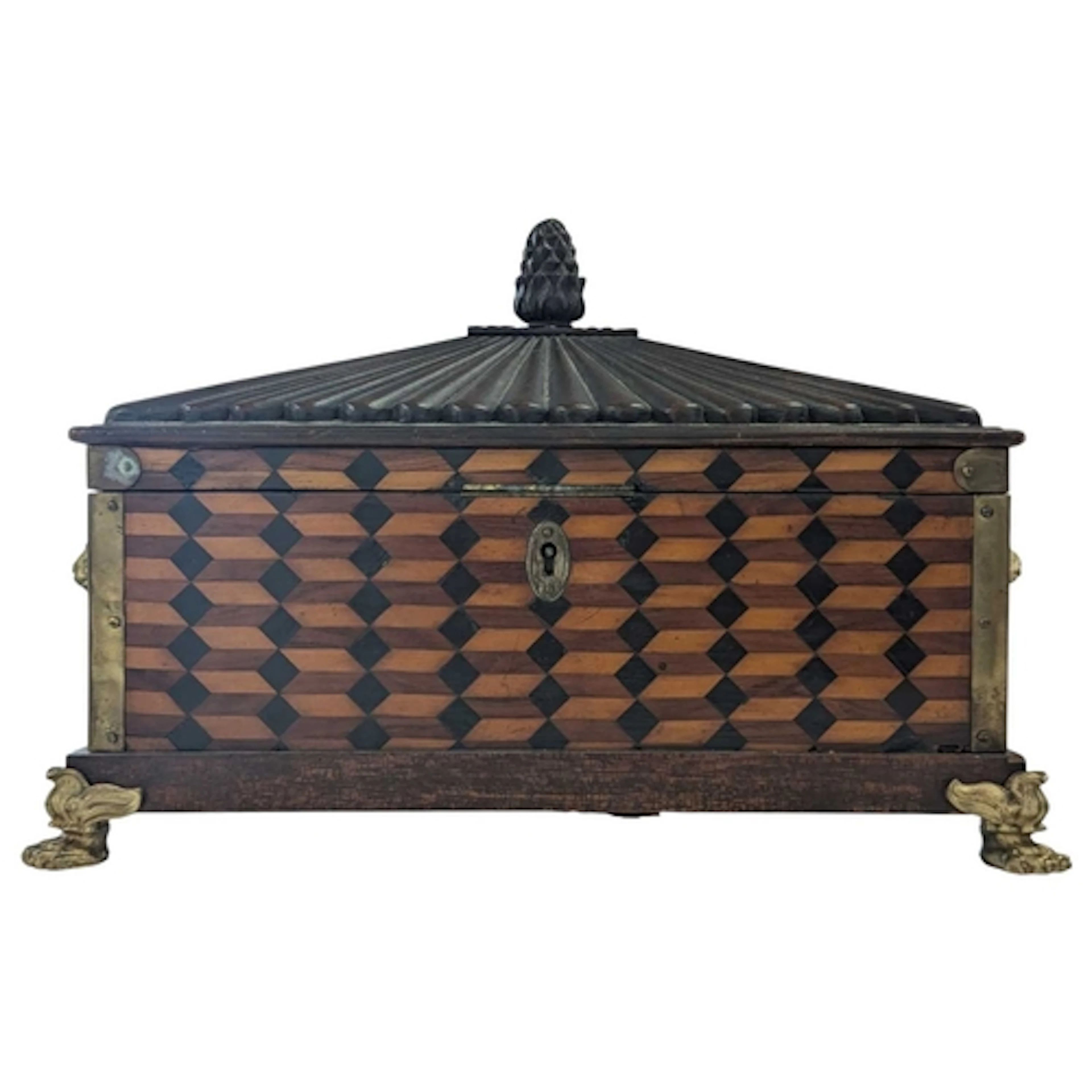 Mid century inlaid acorn finial box / chest with brass lion ...