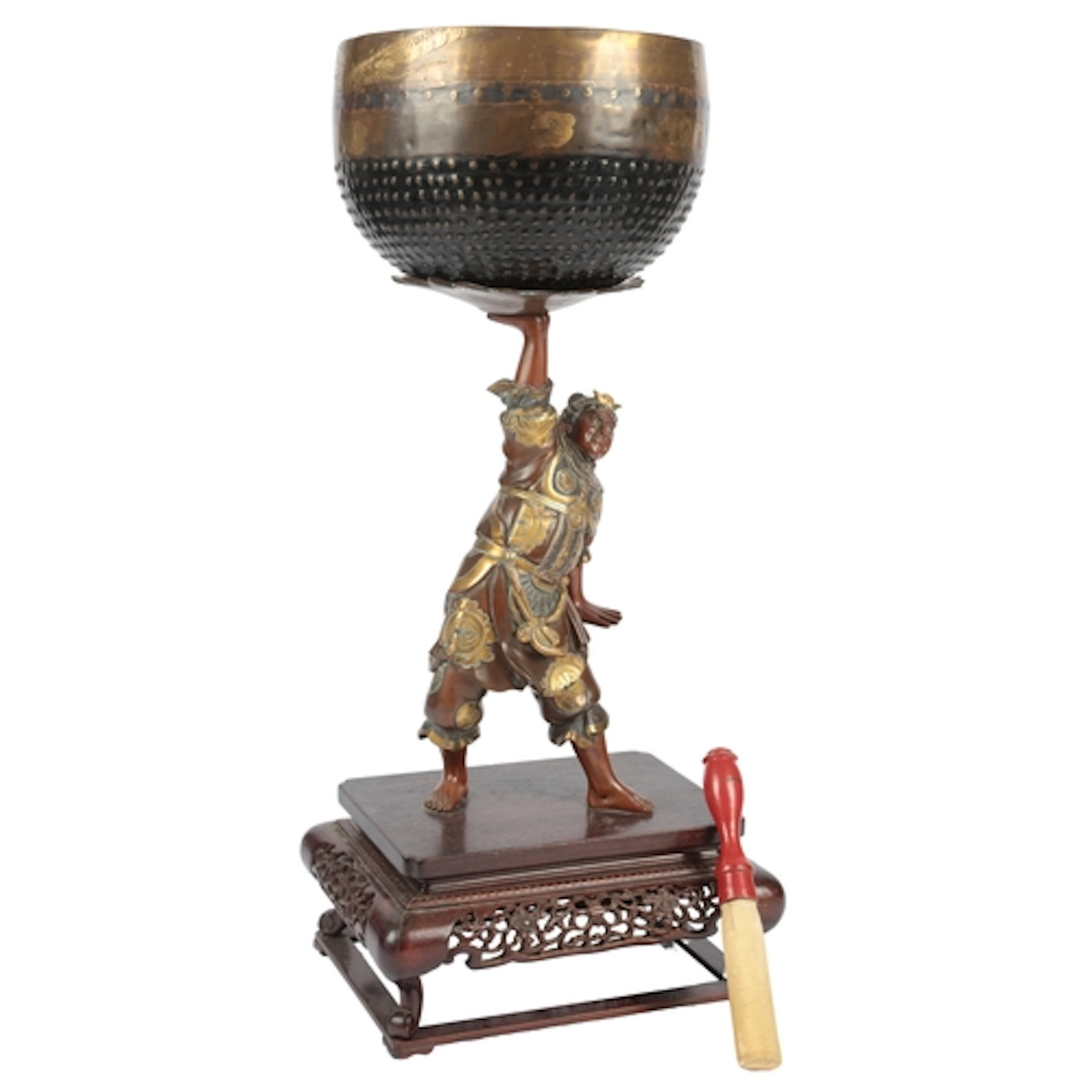 A large Japanese bronze figure of Benkei holding aloft a bel...