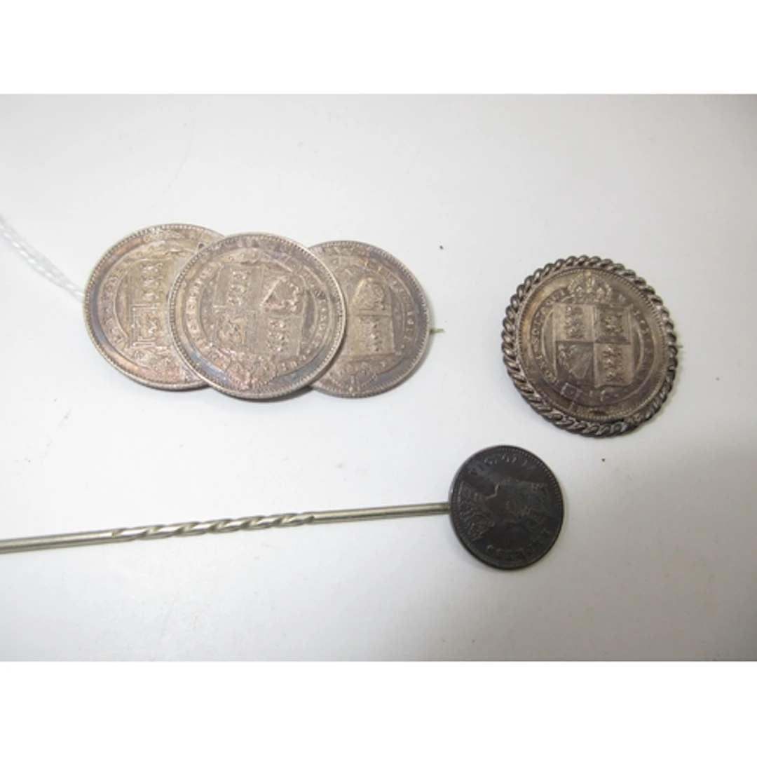 Two Victorian Coin Brooches and Stick Pin (3)
