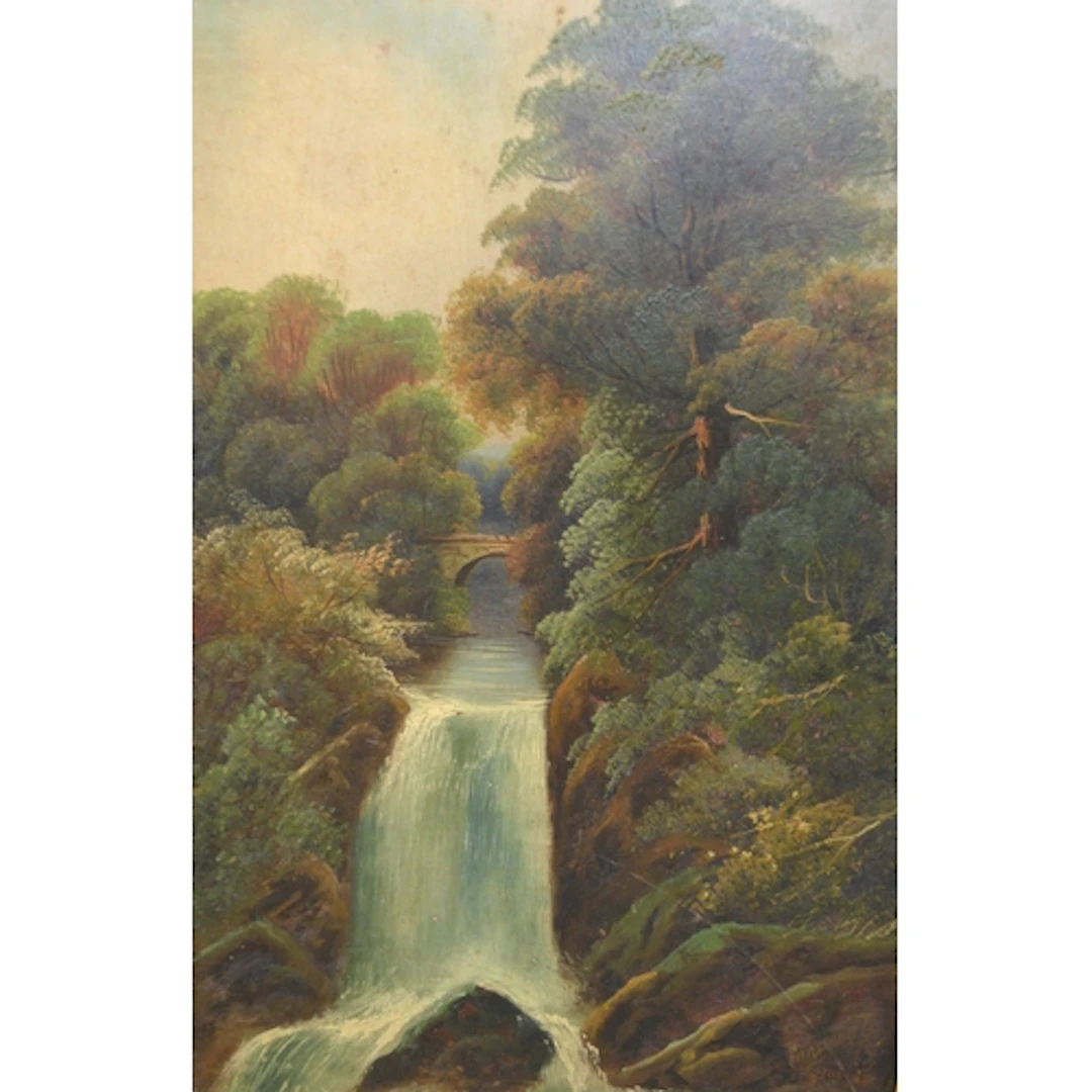 Pair of 20th Century oils on board, waterfalls in landscapes...