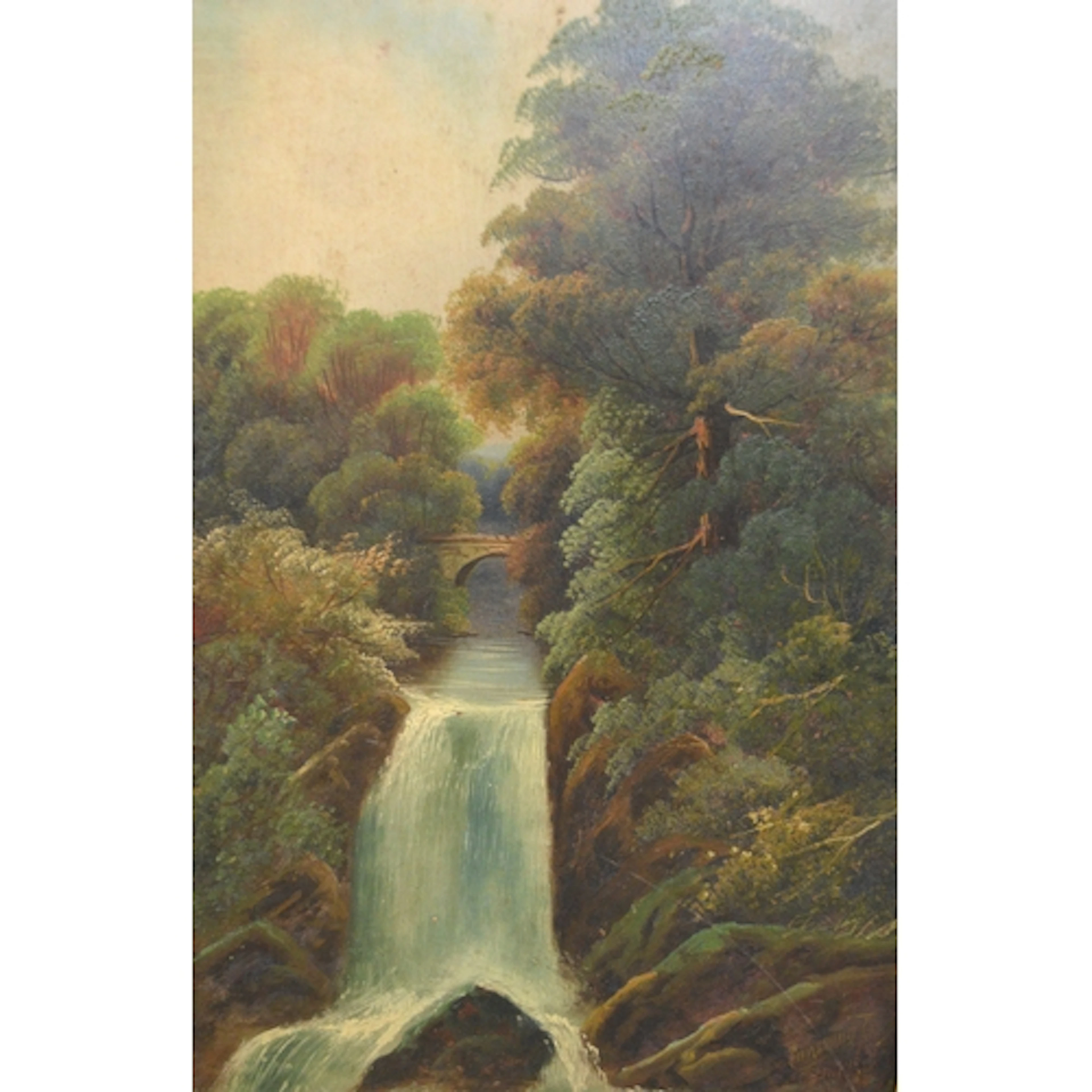 Pair of 20th Century oils on board, waterfalls in landscapes...
