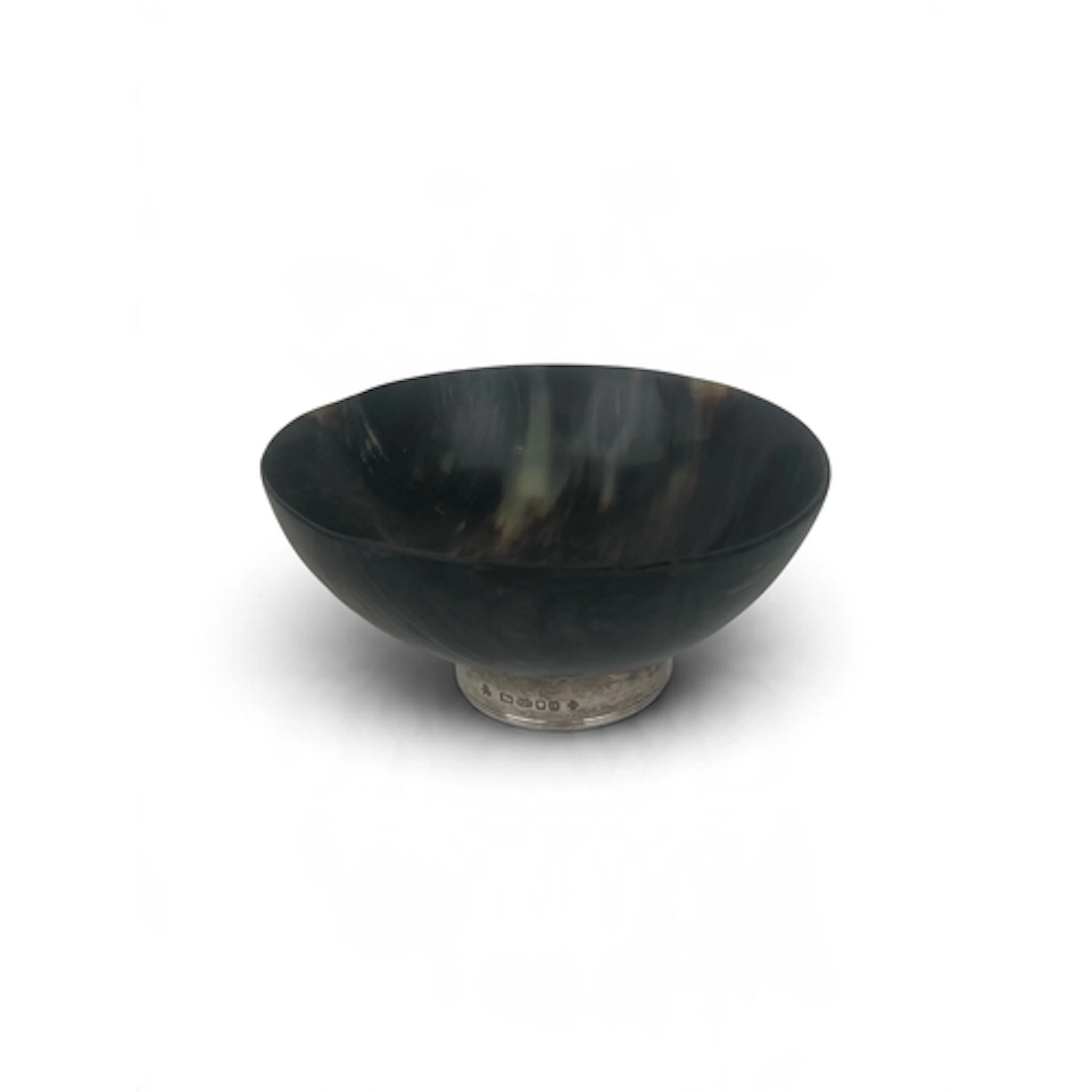 A SILVER MOUNTED ANIMAL HORN BOWL 16cm D
