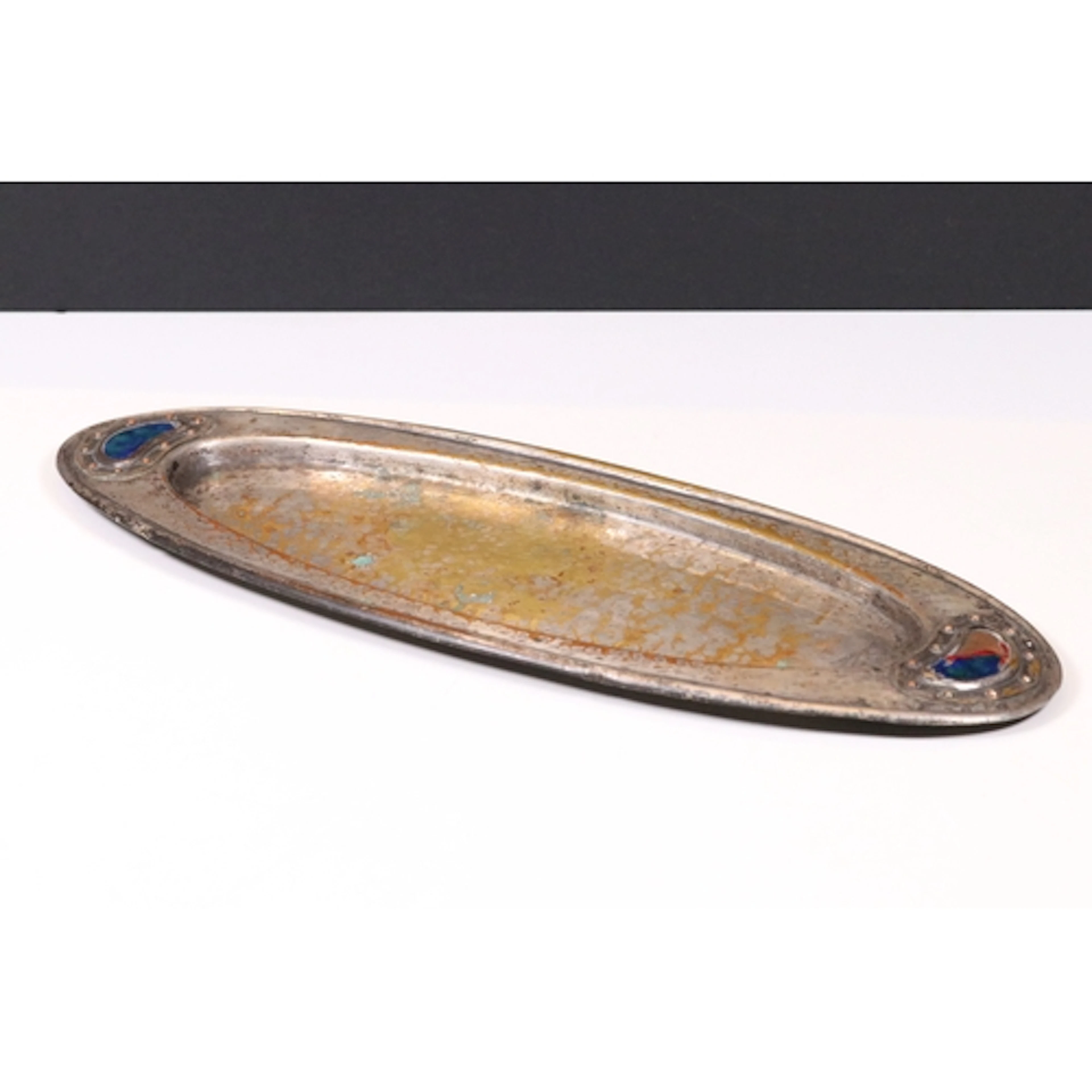 Arts and Crafts hammered silver plated tray, having riveted ...