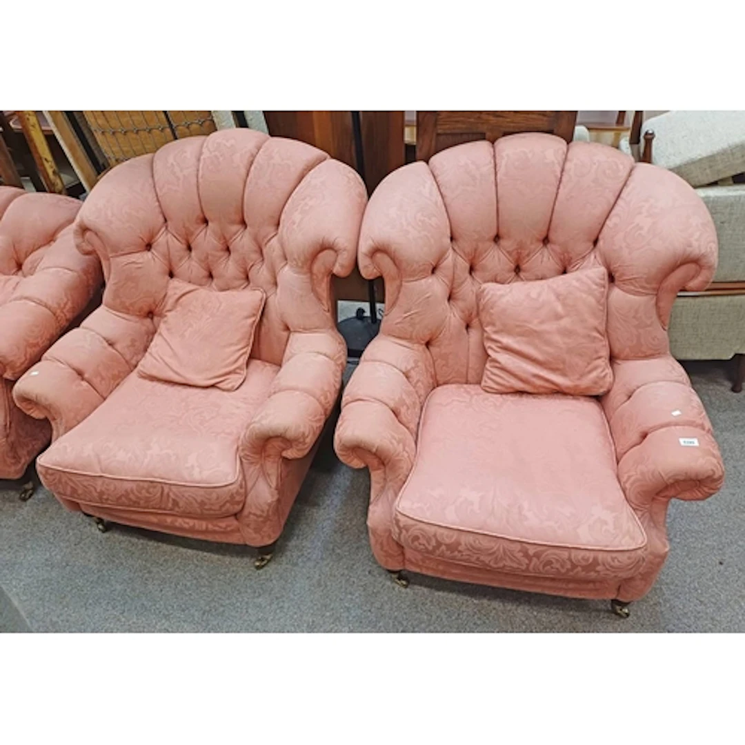 PAIR OF OVER STUFFED ARMCHAIRS WITH PINK FOLIAGE PATTERN LAB...