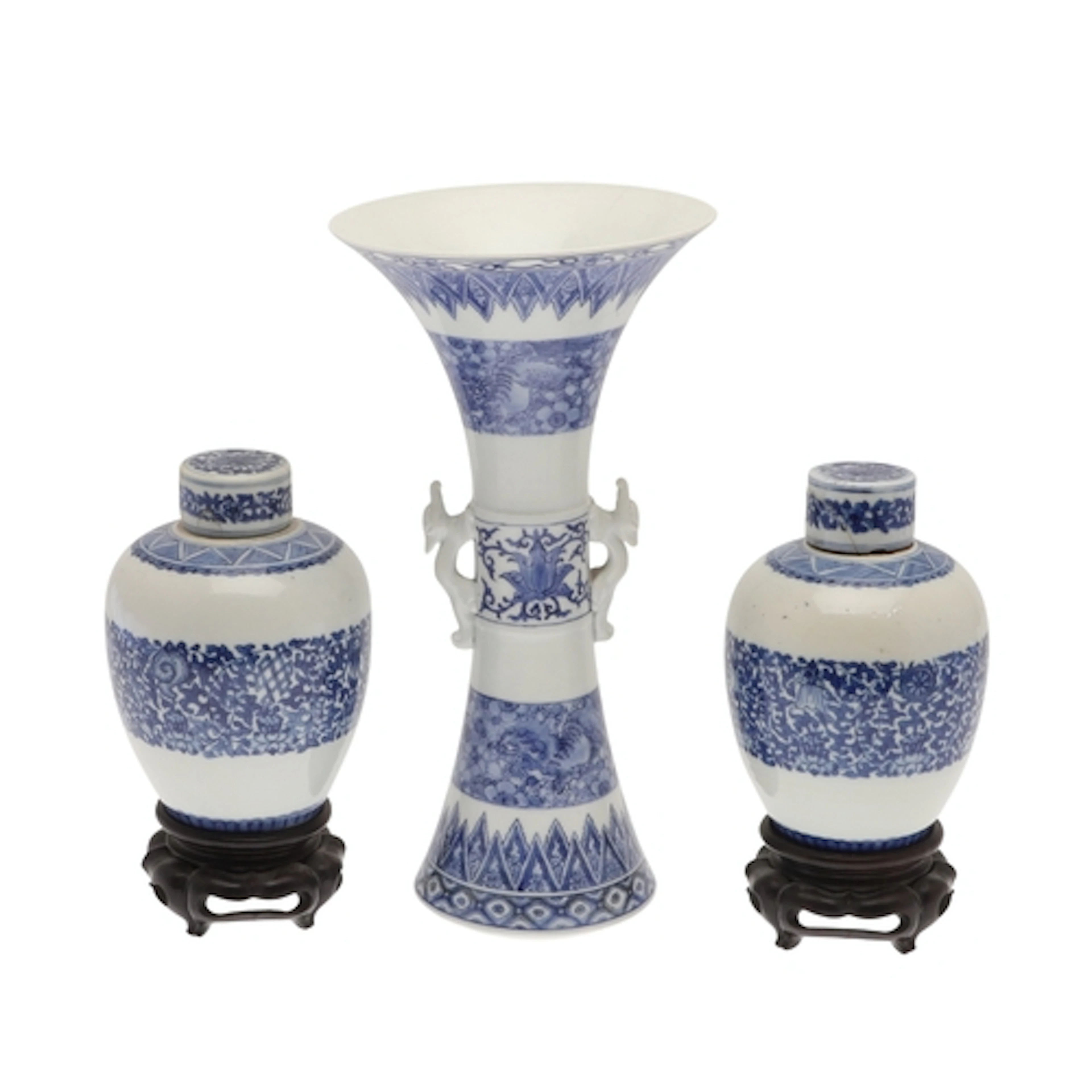 CHINESE GU TYPE VASE & PAIR OF LIDDED JARS. A Gu type porcel...