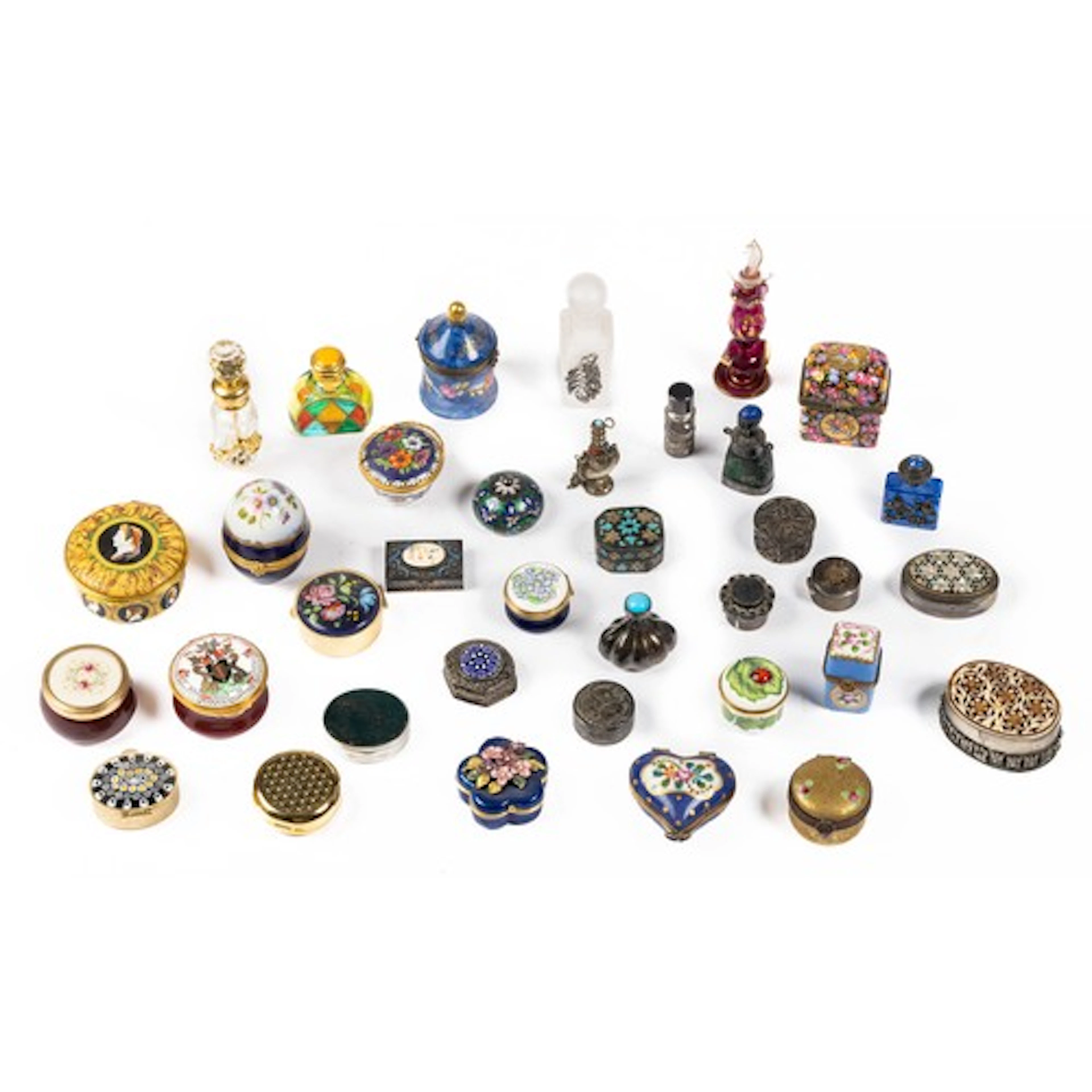 A collection of pill boxes and perfume bottles, includes sil...
