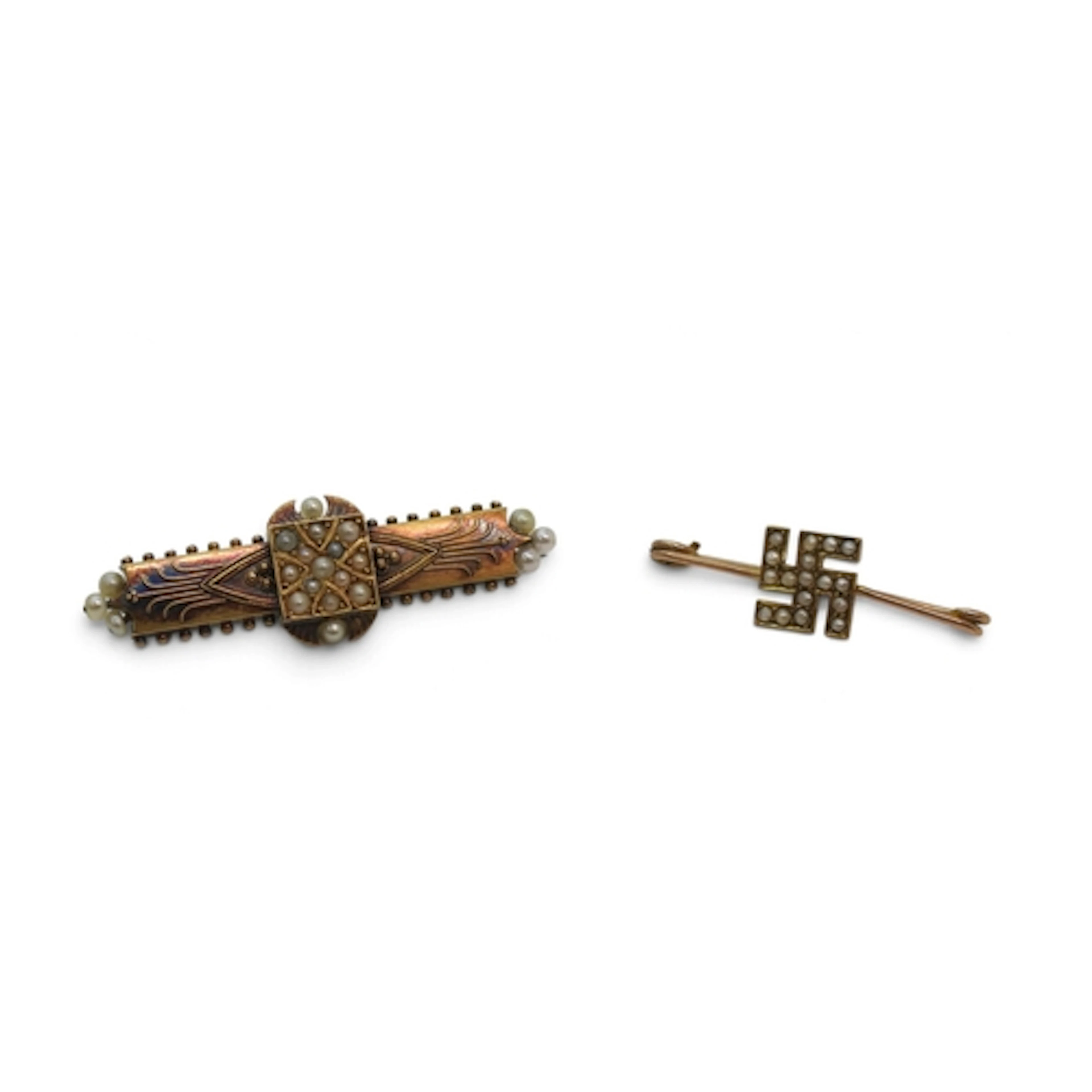 A 15ct Etruscan revival pearl brooch, weight 4gms, together ...