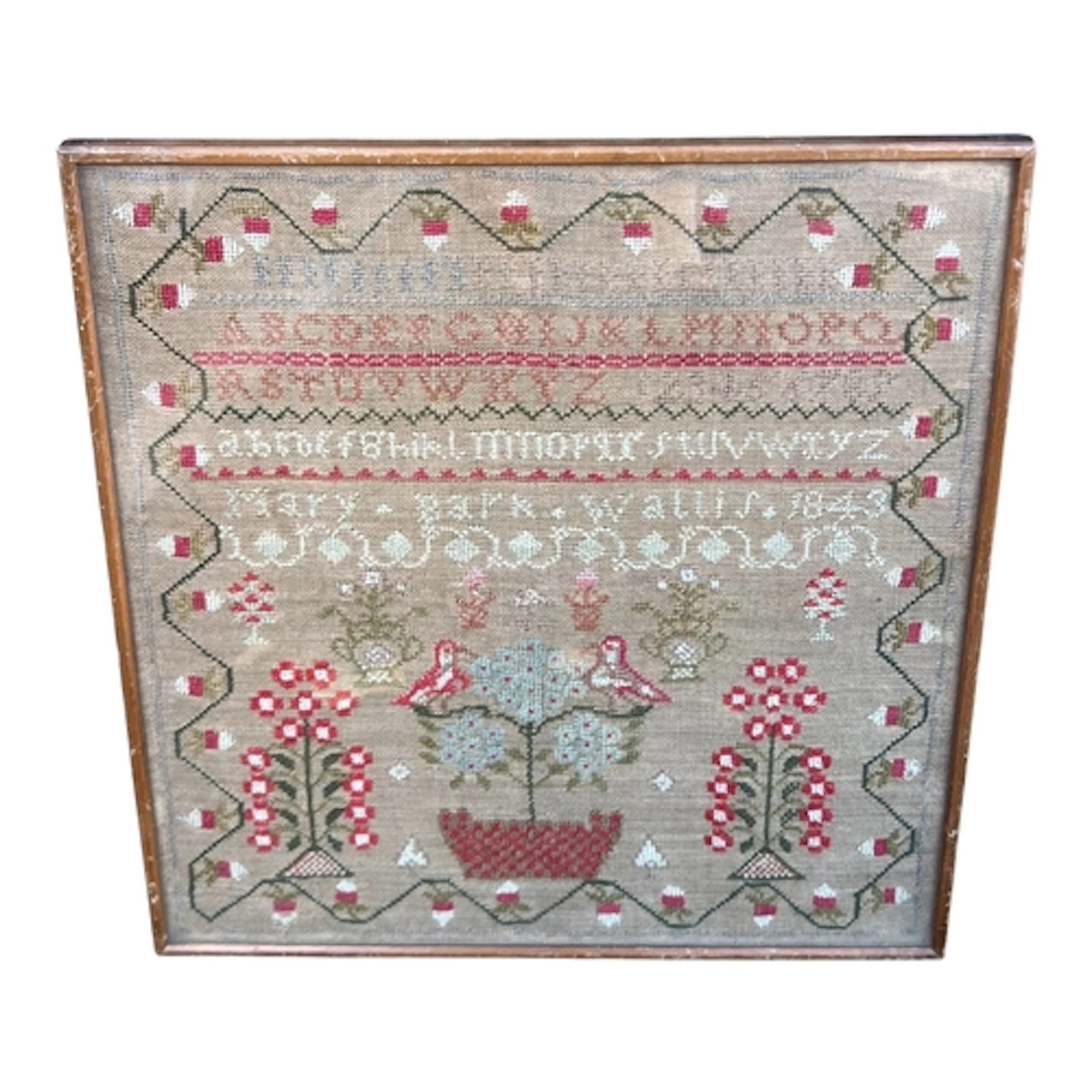 A NEEDLEWORK SAMPLER WORKED BY MARY BARK WALLIS, 1843 45cm x...