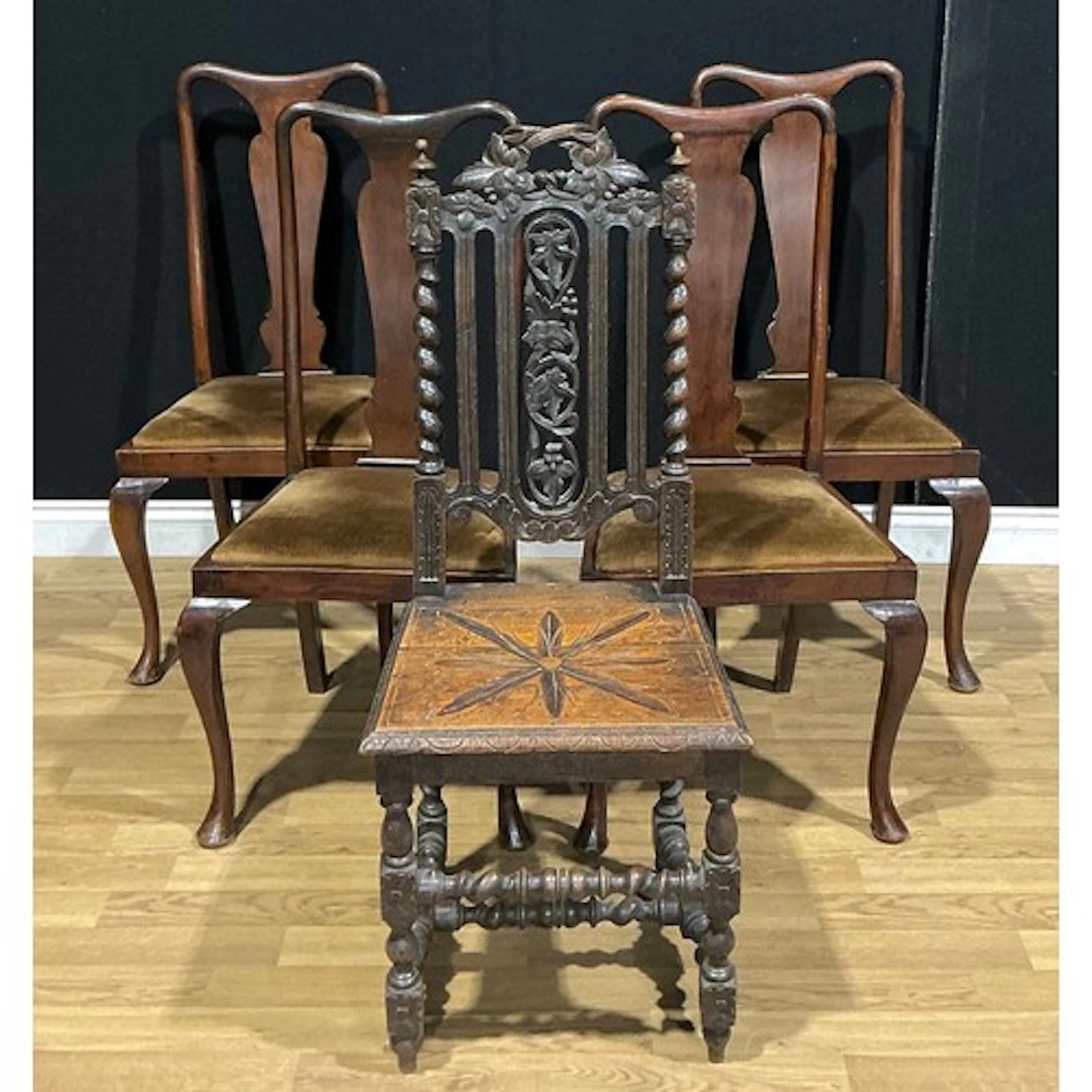 A Victorian oak hall chair; a set of four ‘Queen Anne’ Reviv...