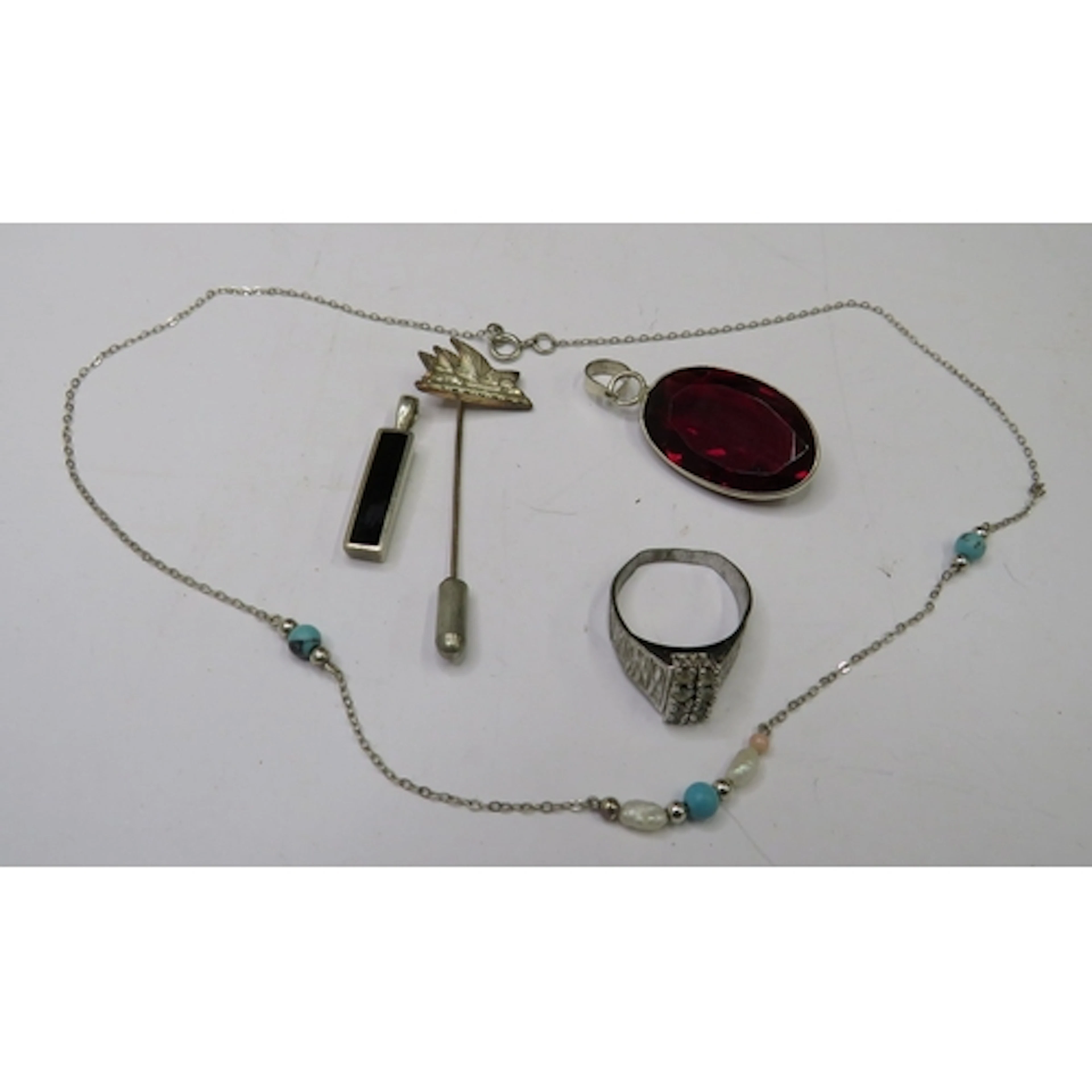 2 925 Silver Pendants, rectangular set black stone & oval re...
