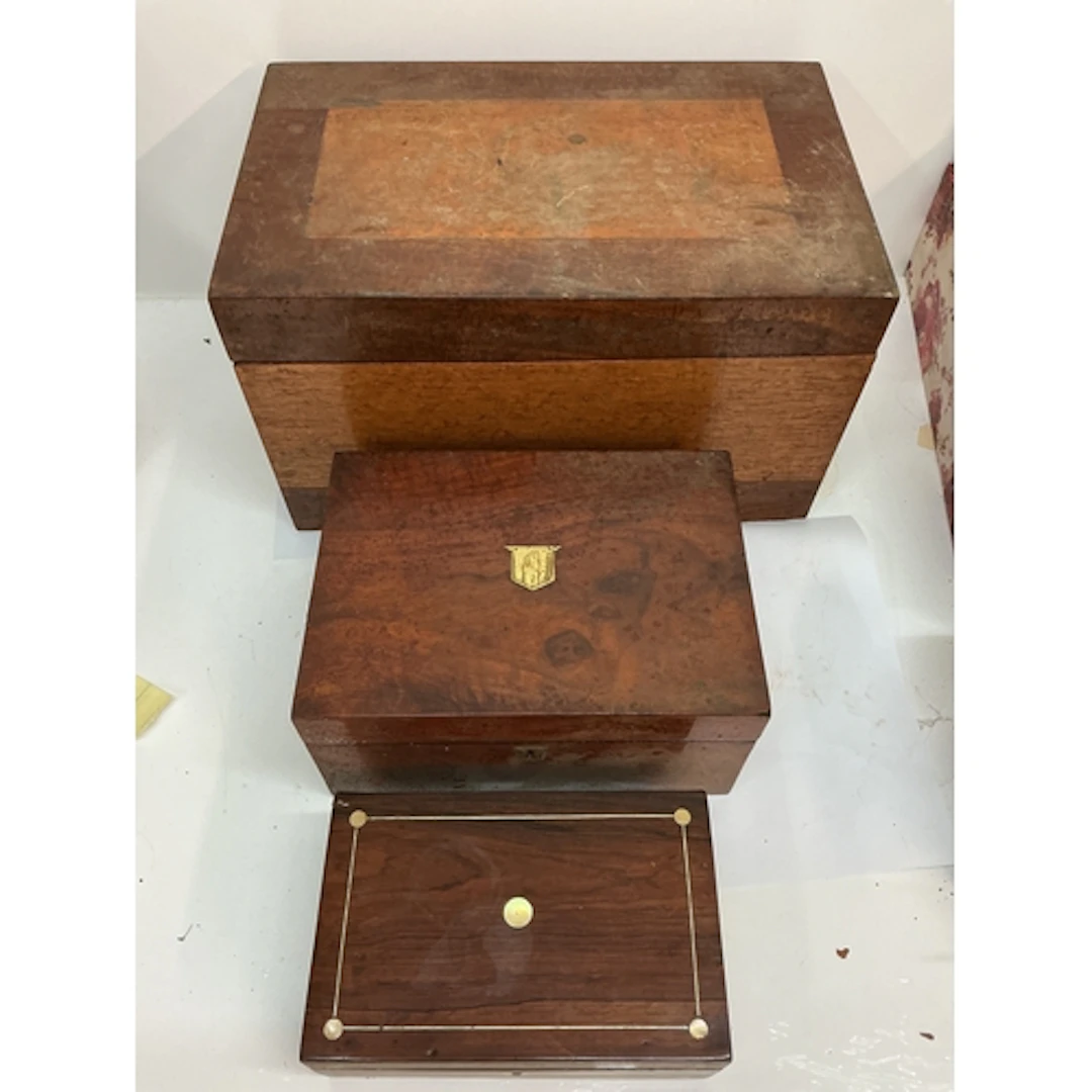Three walnut boxes. Approx L43- 22.5cm. All a/f