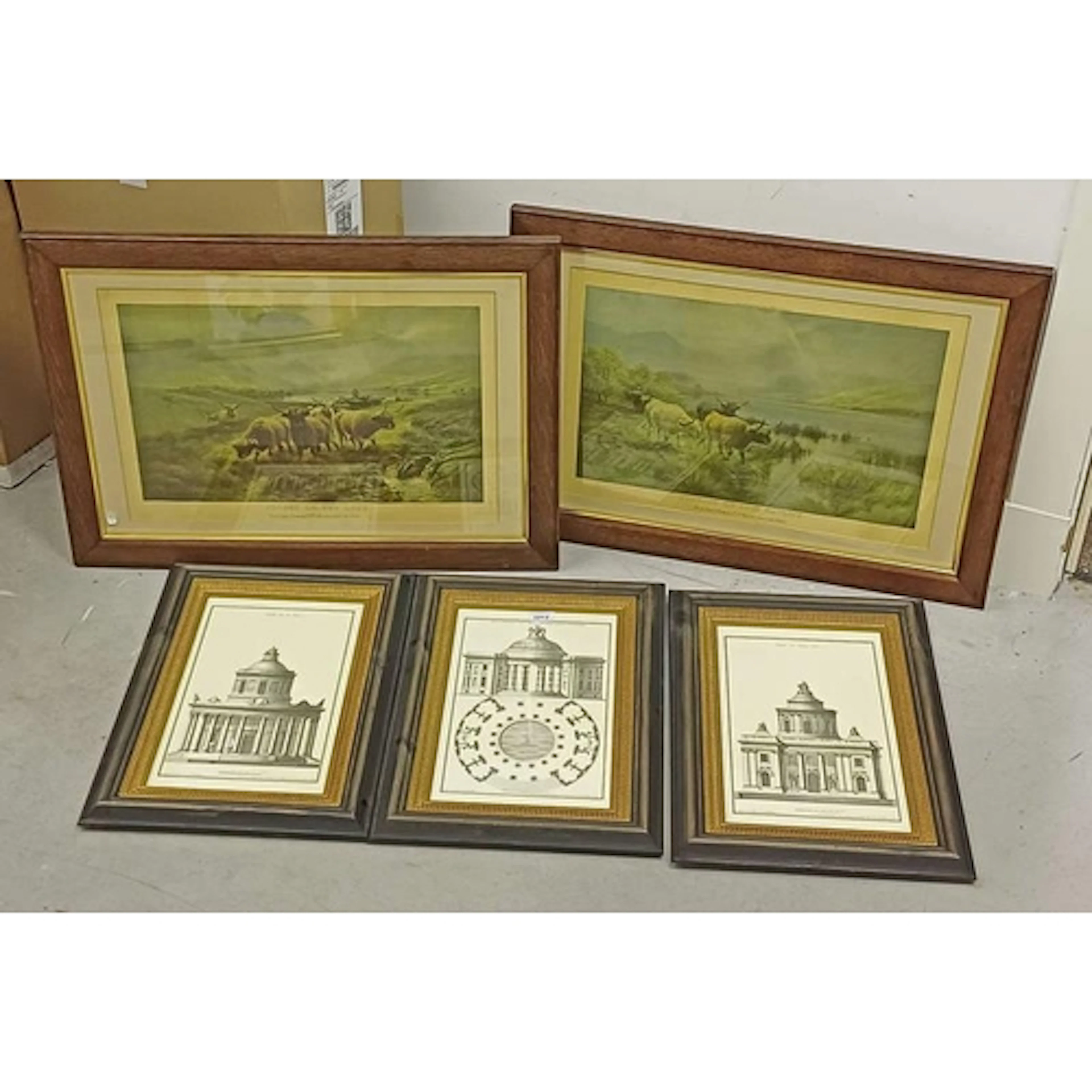 PAIR OF OAK FRAMED PRINTS OF HIGHLAND SCENES & 3 FRAMED PRIN...
