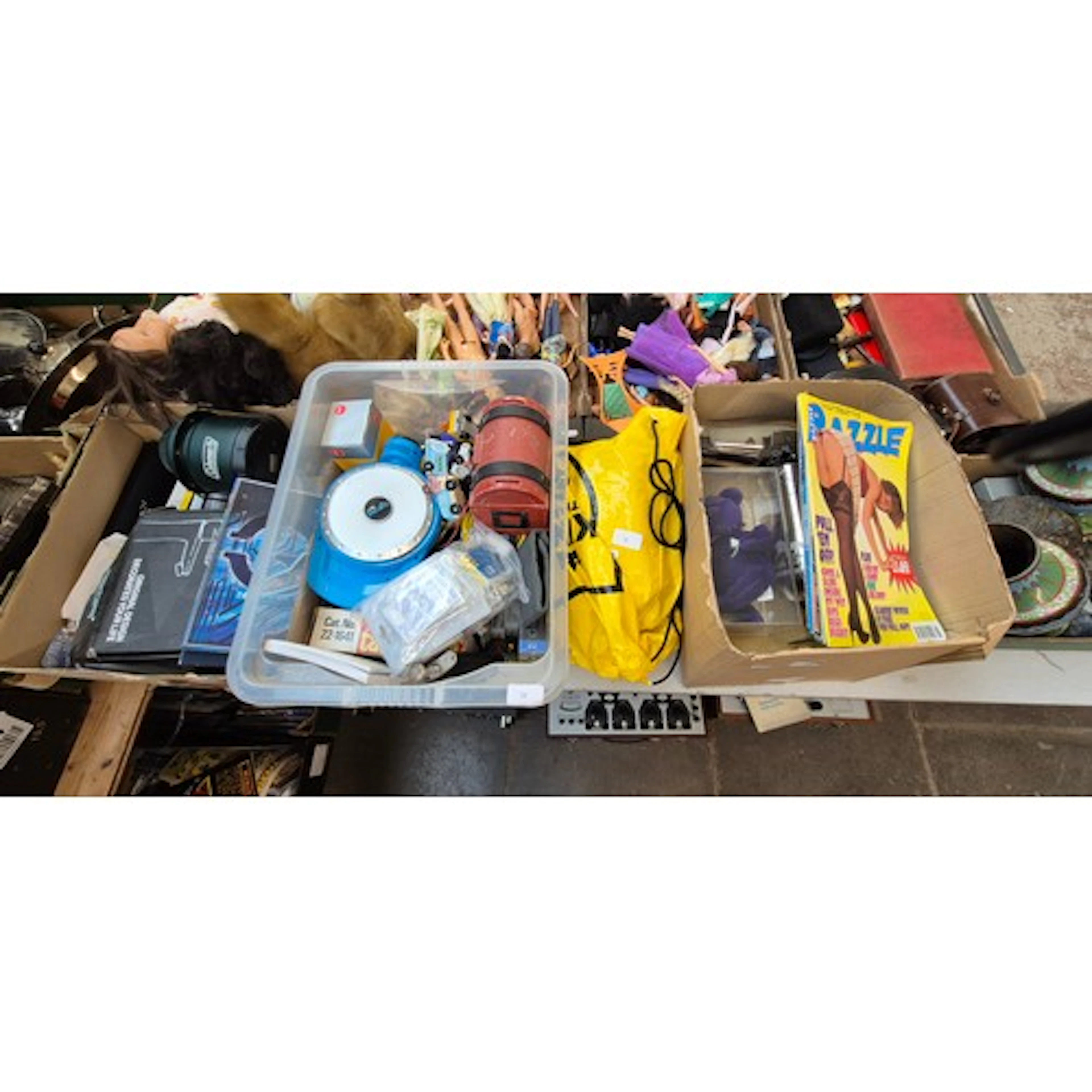 Three boxes and a bag of assorted items, collectables, adult...