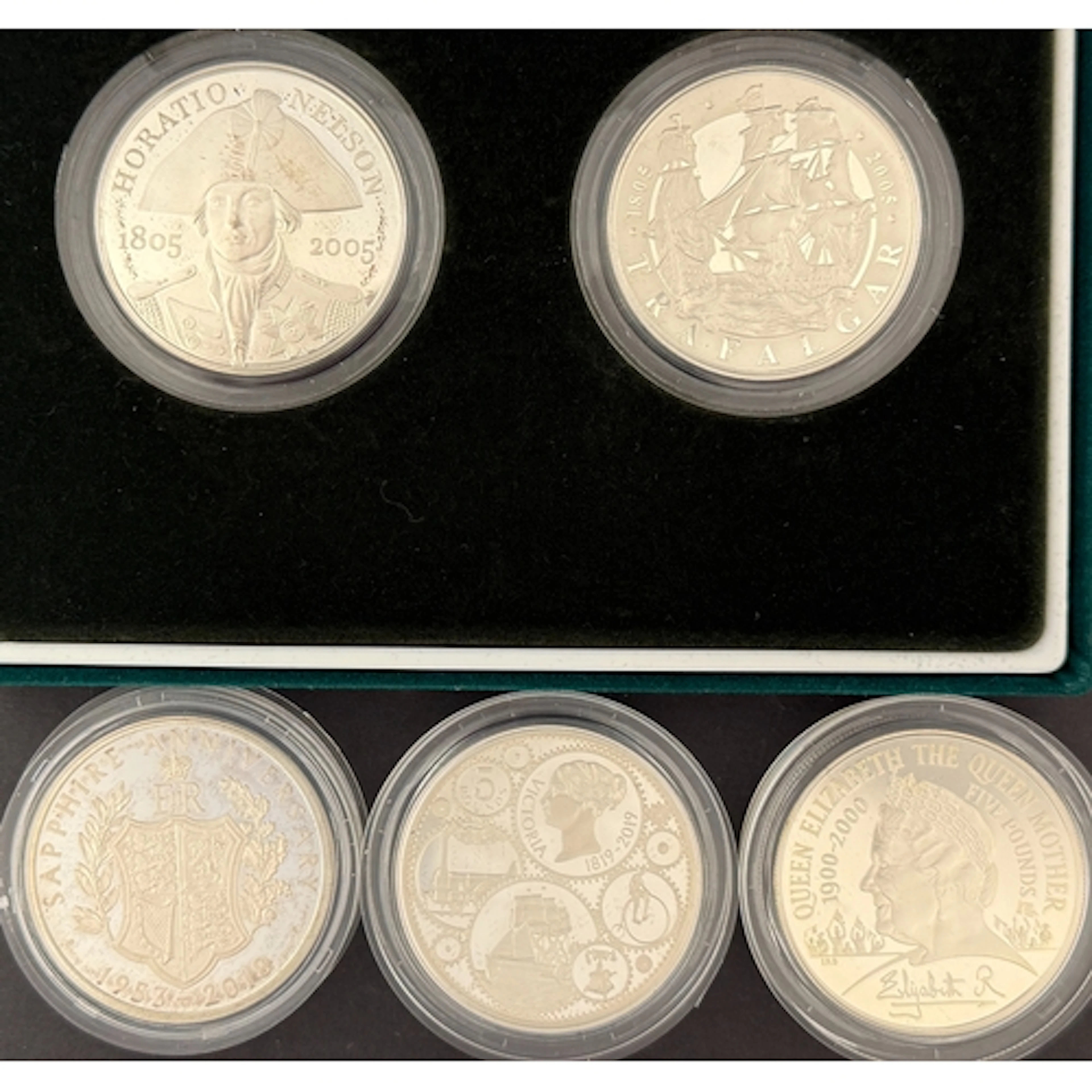 A group of five UK silver proof £5 Piedfort coins, comprisin...