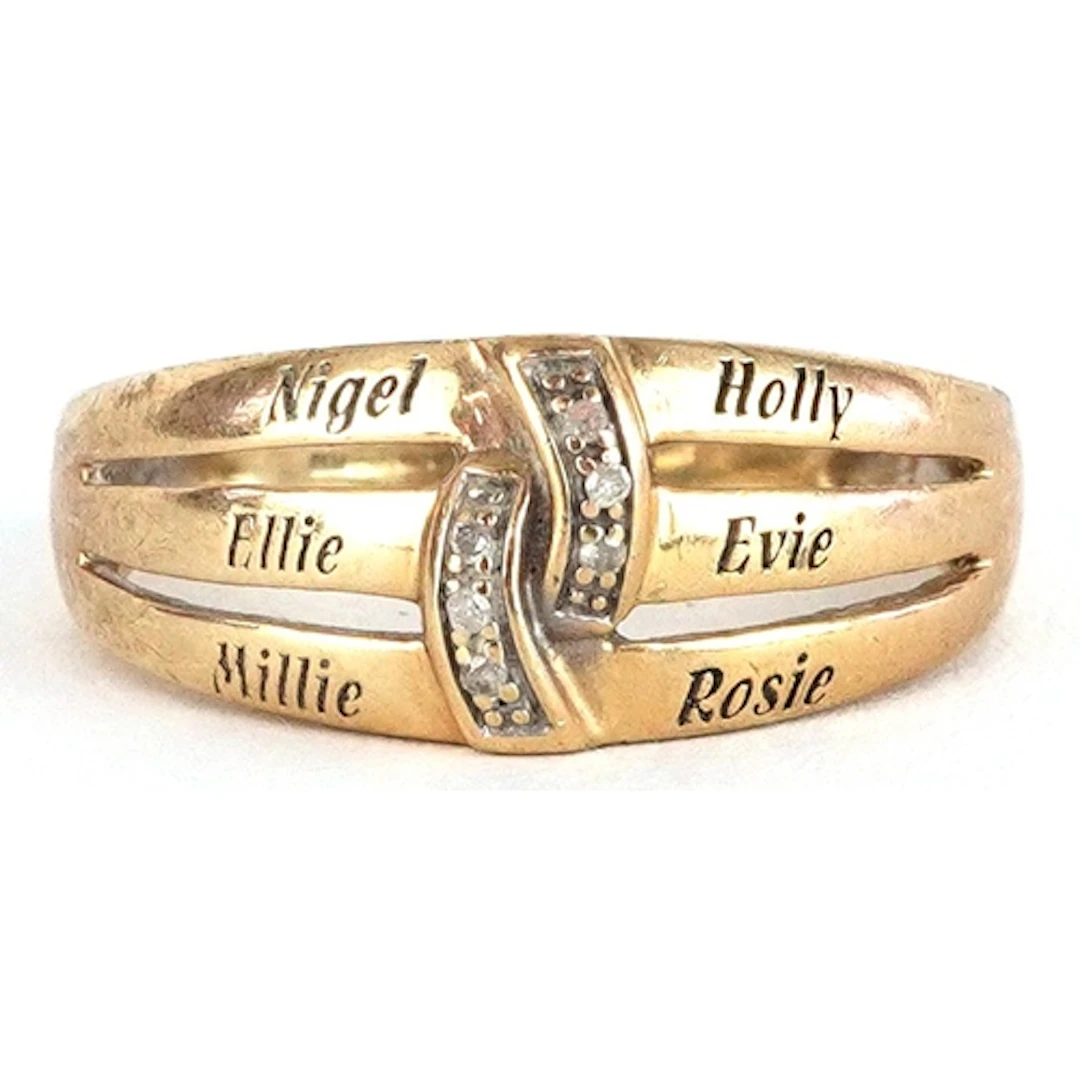 9ct gold triple crossover ring set with diamonds and engrave...