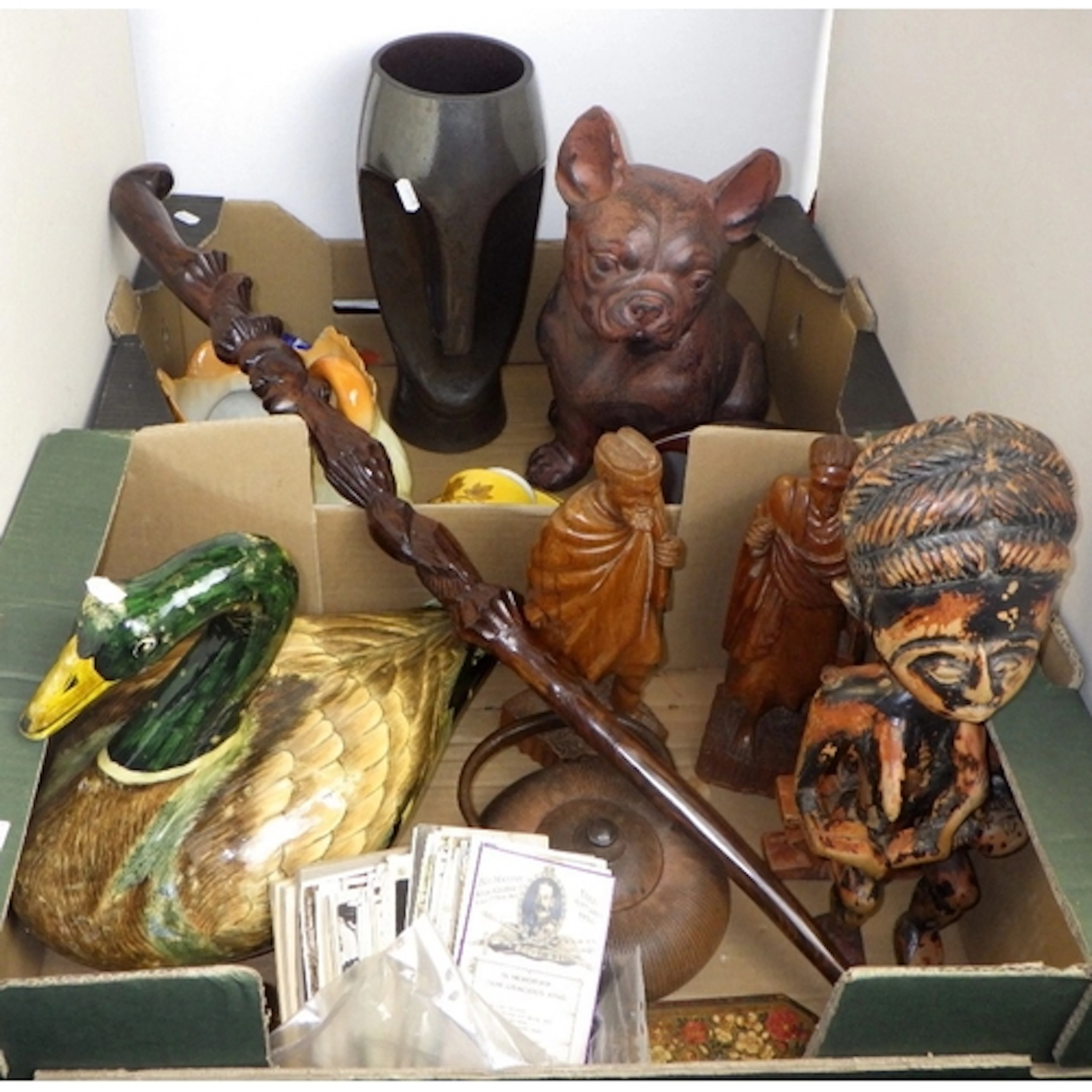 A qty of collectables to inc a large lacquered duck, African...